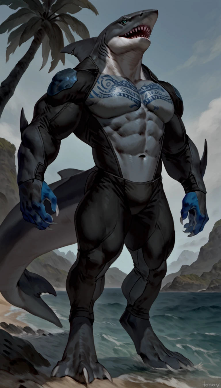 sharkman, anthro megalodon, hunk, black and blue hands and fins, black back, solo, big arms, bara, detailed smooth skin, lizard shark hybrid, anthro, closed mouth, predatory grin, detailed scales, muscular, thick legs, proporcional body, wide chest, trapezoid body type, marked jaw, thick shark tail, fullbody bodysuit, best quality, 4k, ultra-detailed, by Buta99, by honovy, detailed illustration of 4K horror, island beach scenery, wearing pants, tribal shark tattoos on the body, standing near water