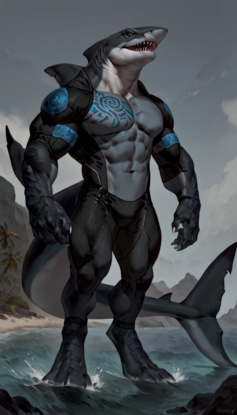 sharkman, anthro megalodon, hunk, black and blue hands and fins, black back, solo, big arms, bara, detailed smooth skin, lizard shark hybrid, anthro, closed mouth, predatory grin, detailed scales, muscular, thick legs, proporcional body, wide chest, trapezoid body type, marked jaw, thick shark tail, fullbody bodysuit, best quality, 4k, ultra-detailed, by Buta99, by honovy, detailed illustration of 4K horror, island beach scenery, wearing pants, tribal shark tattoos on the body, standing near water