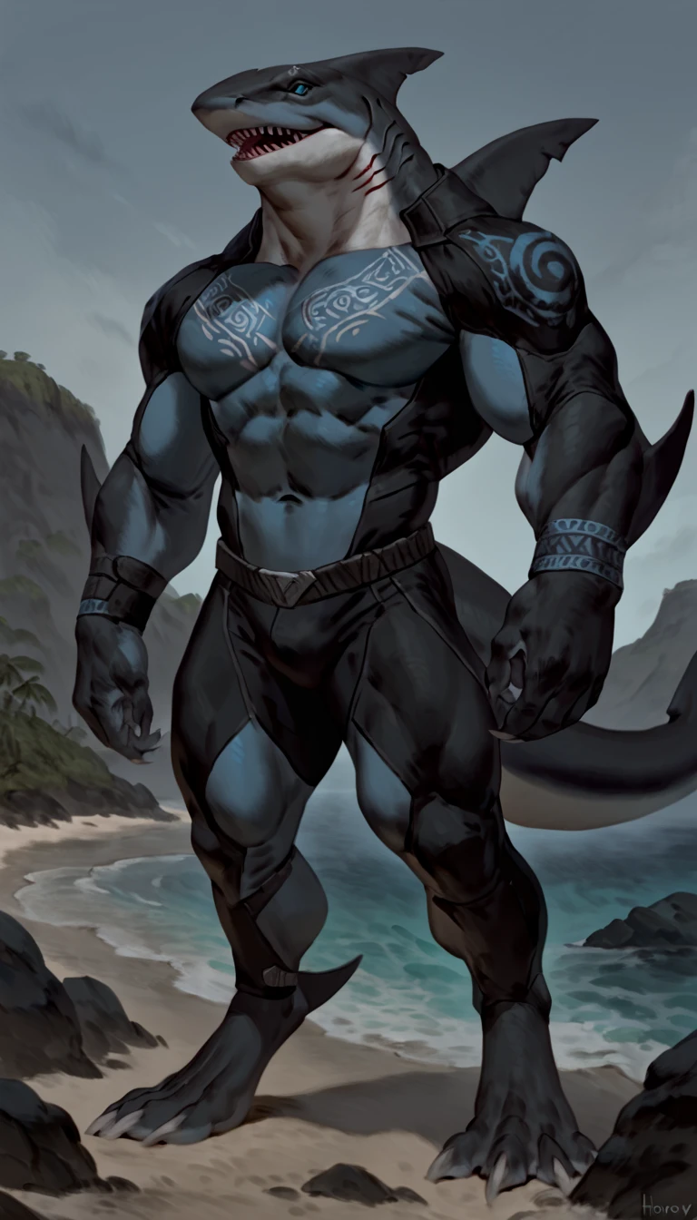 sharkman, anthro megalodon, hunk, black and blue hands and fins, black back, solo, big arms, bara, detailed smooth skin, lizard shark hybrid, anthro, closed mouth, predatory grin, detailed scales, muscular, thick legs, proporcional body, wide chest, trapezoid body type, marked jaw, thick shark tail, fullbody bodysuit, best quality, 4k, ultra-detailed, by Buta99, by honovy, detailed illustration of 4K horror, island beach scenery, wearing pants, tribal shark tattoos on the body, standing near water