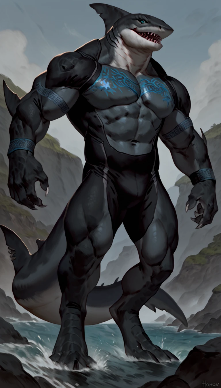 sharkman, anthro megalodon, hunk, black and blue hands and fins, black back, solo, big arms, bara, detailed smooth skin, lizard shark hybrid, anthro, closed mouth, predatory grin, detailed scales, muscular, thick legs, proporcional body, wide chest, trapezoid body type, marked jaw, thick shark tail, fullbody bodysuit, best quality, 4k, ultra-detailed, by Buta99, by honovy, detailed illustration of 4K horror, island beach scenery, wearing pants, tribal shark tattoos on the body, standing near water