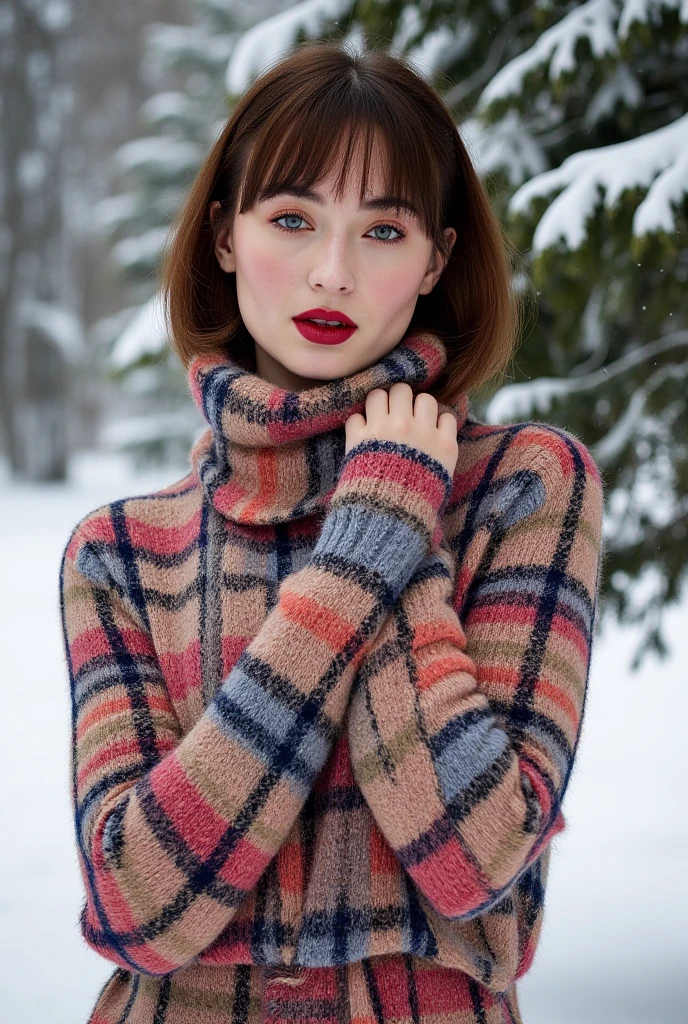 extremely cute photogenic French girl, detailed eyes, red lips, parted lips, bob cut, bangs, (freckles:0.7), (blush:1.1), textured skin, hourglass figure, posing for cute photoshoot, (photorealistic:1.3), (vibrant colors, 8k, high quality, shot on Fujifilm X-T4, 85mm f1.2), gigantic breasts, sagging breasts, oversized wool sweater dress, extremely detailed wool sweater dress, extremely colorful wool sweater dress, snowy background