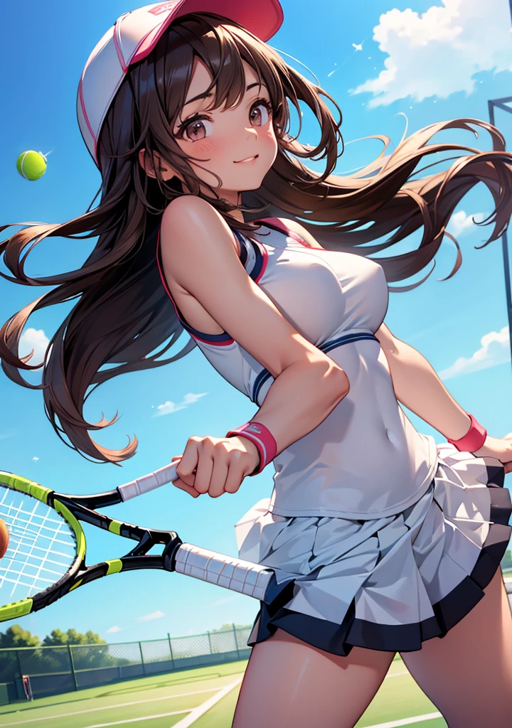 high quality,hd,16k,sharp line,1girl,female sport tennis athlete ,skirt lift up,cute face, large breasts, nice legs, sweat,in tennis venue,focus girl,detailed beautiful face,detailed clothes,beautiful eyes,pretty,dynamic angle