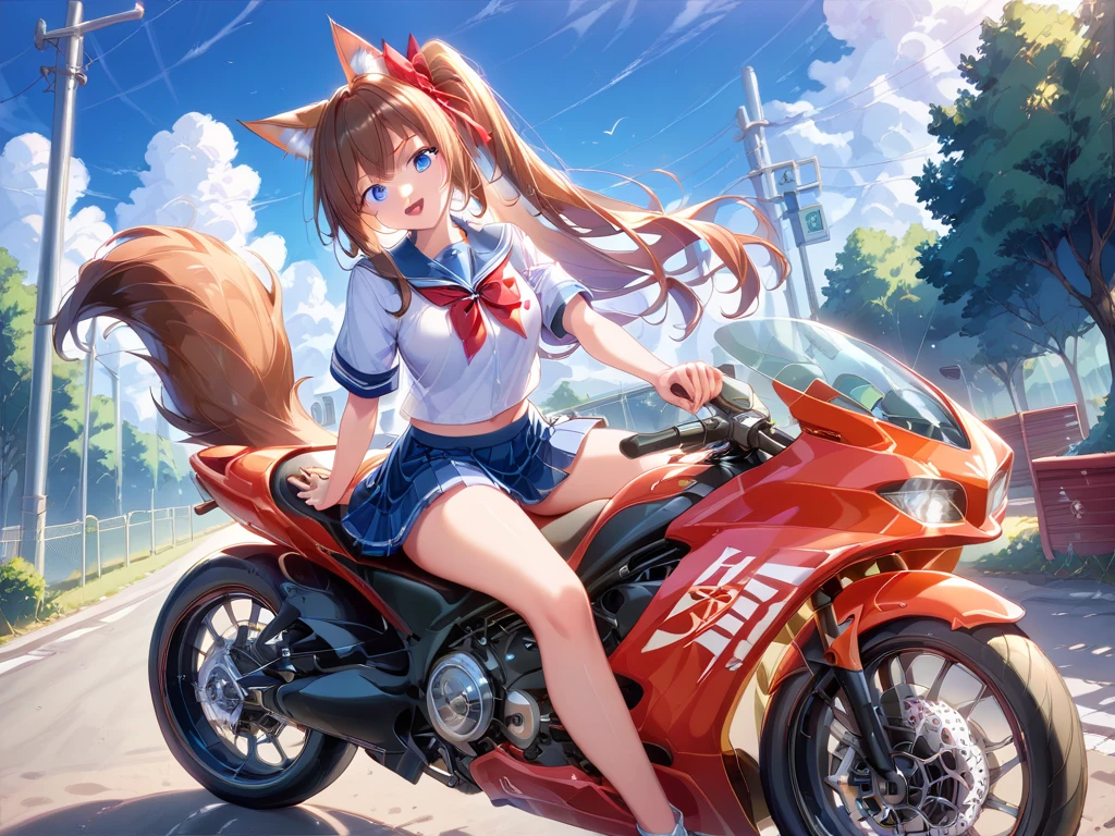   1 girl、  long hair、  blue eyes、  brown hair、 fox ears、Tail、whole body、  school uniform、  red ribbon  、  anime style 、  miniskirt 、 riding a motorcycle 、Seaside