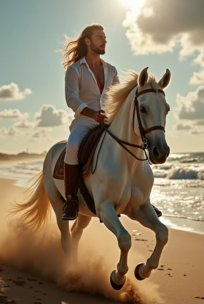 Beautiful male long curly hair seaside horse