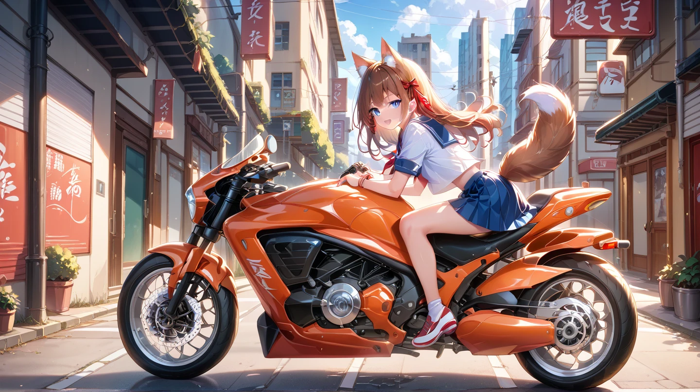   1 girl、  long hair、  blue eyes、  brown hair、 fox ears、Tail、whole body、  school uniform、  red ribbon  、  anime style 、  miniskirt 、 riding a motorcycle 、the way、 asphalt