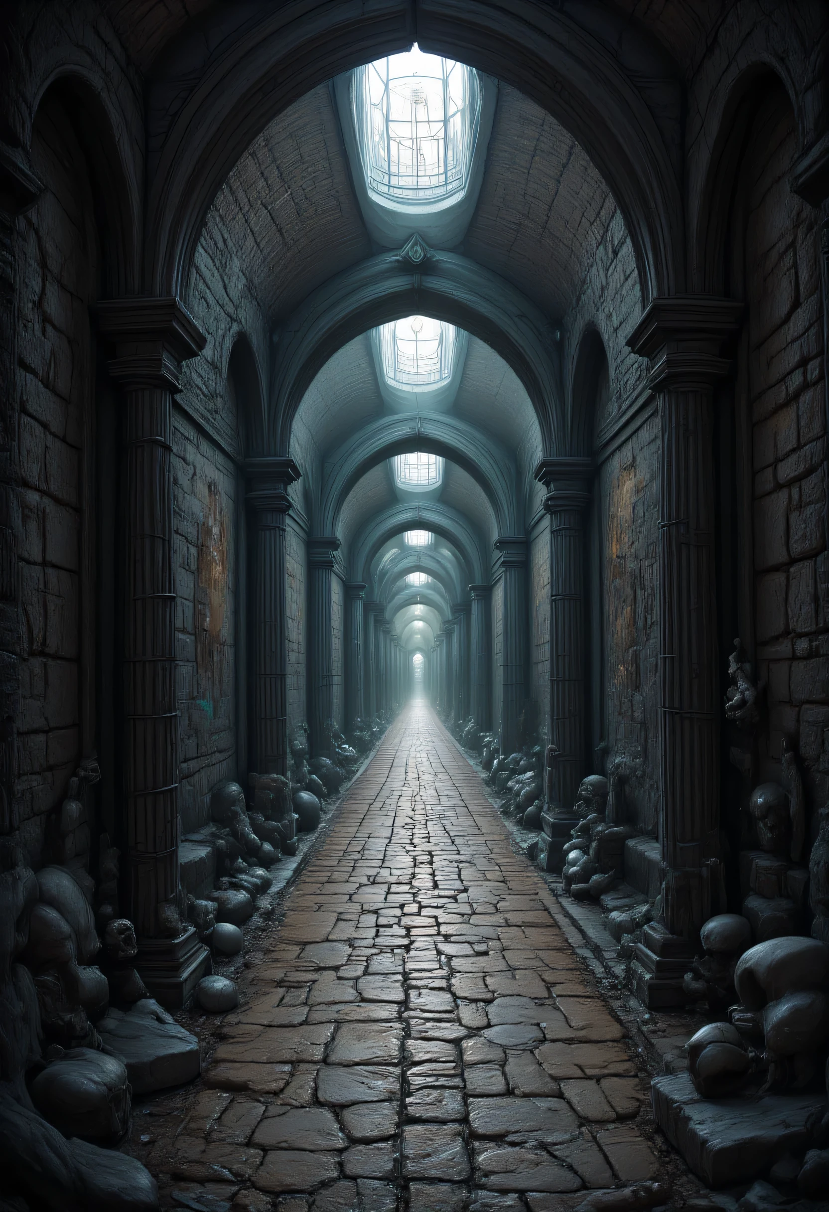 a picture if a long corridor, corridor without an end, lit by torches, there are some skulls on the walls, the walls are made from ancient stones, there some magical runes in the stones,  hyp3rd3tail style