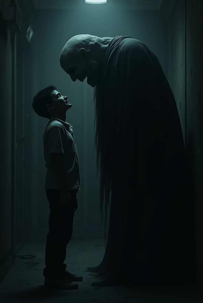 I want you to make a 12- old child, she is looking at a big clown,a little bigger than an adult, This clown is all black,completely dark without any face, he is looking at the child, behind the child there is a door, and this room is extremely dark,remembering again that the room is extremely dark and that the door is BEHIND the child, and the child is male, the clown has no face because it is extremely dark,THE CLOWN IS EXTREMELY BLACK