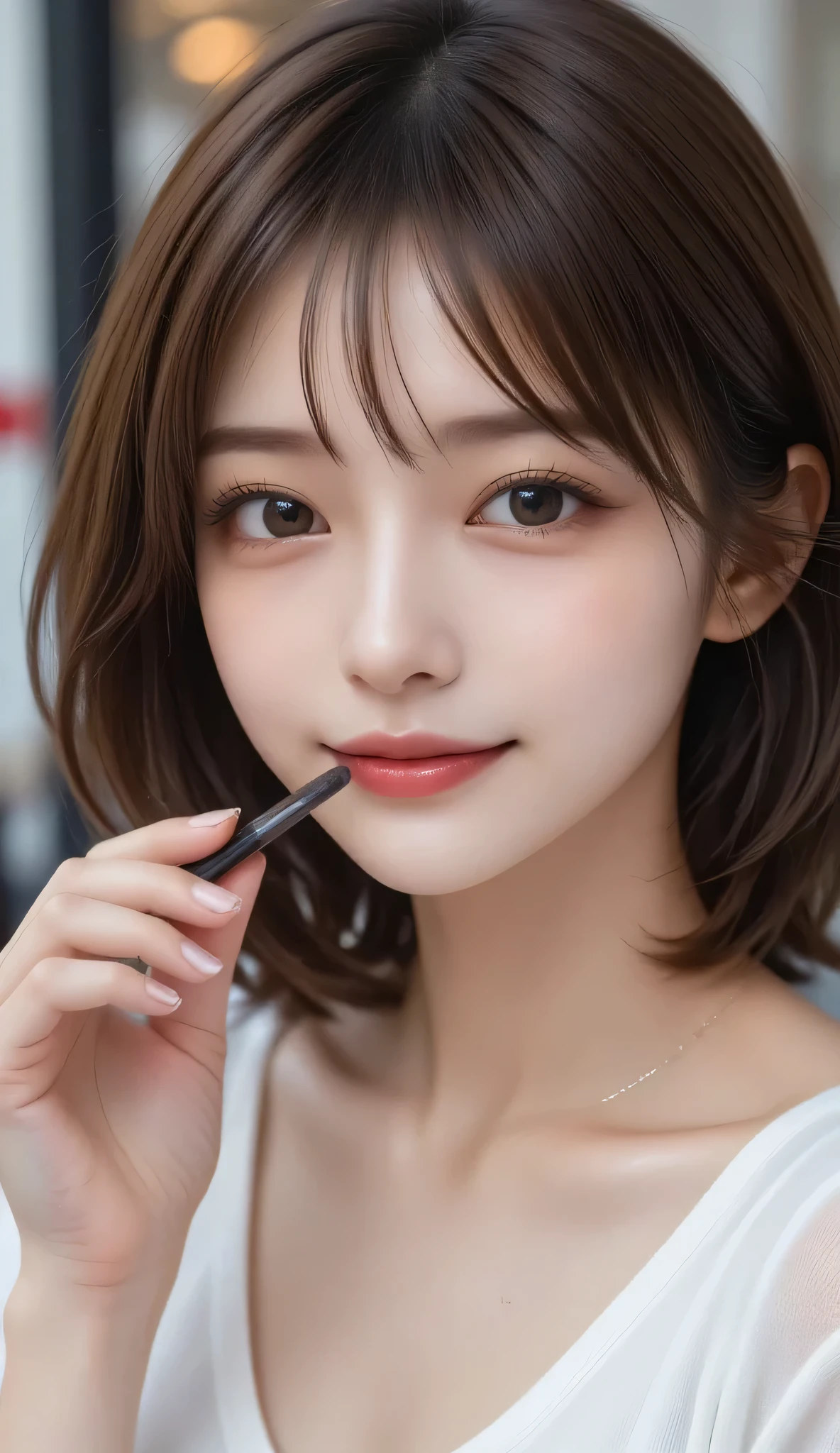 Close-up of a woman with long hair and a cigarette, Ela tem cabelo preto With bangs, Ulzzang, With bangs completa, Larisa Manovar, With bangs, Korean, cabelo arrumado With bangs, Young and pretty Asian face, cabelo comprido With bangs completa, cabelos longos With bangs, Young and adorable Korean face, Pale, round face, young asian girl, complete naked, complete closed mouth,