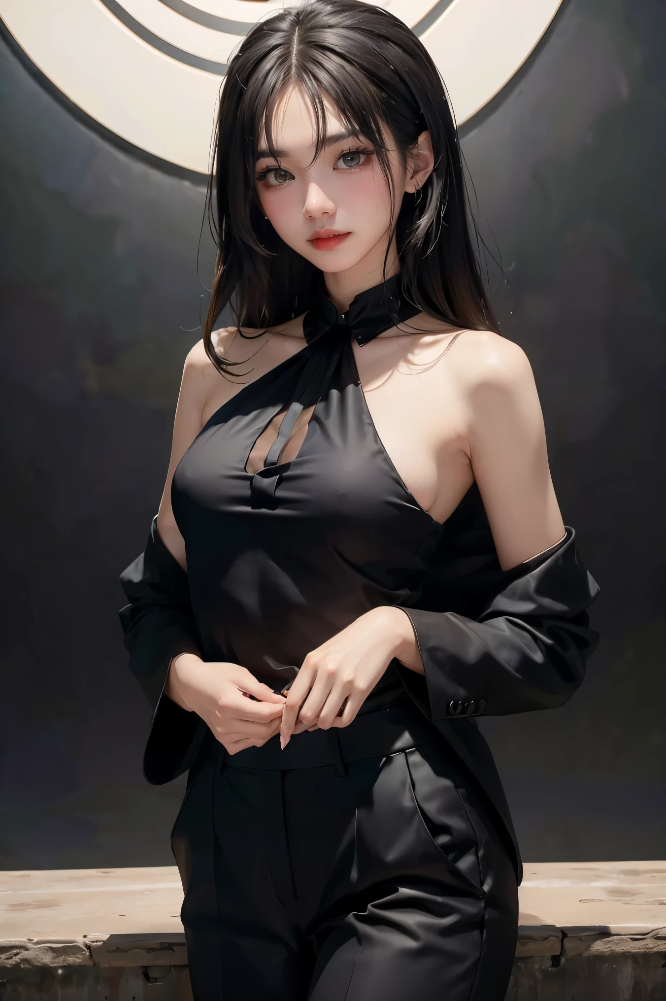 (Surreal), (illustration), (Improve resolution), (8K), (Very detailed), (Best illustration), (Beautiful and delicate eyes), (best quality), (Super detailed), (masterpiece ), ( wallpaper), (Delicate face), Solitary, 1 girl, looking at the audience, fine details, Delicate face, in the darkness, Deep Shadows, Low profile, purebred face_V1, Smile, long hair, Black shawl straight hair , Side bangs , Big boobs , Black , pigtail