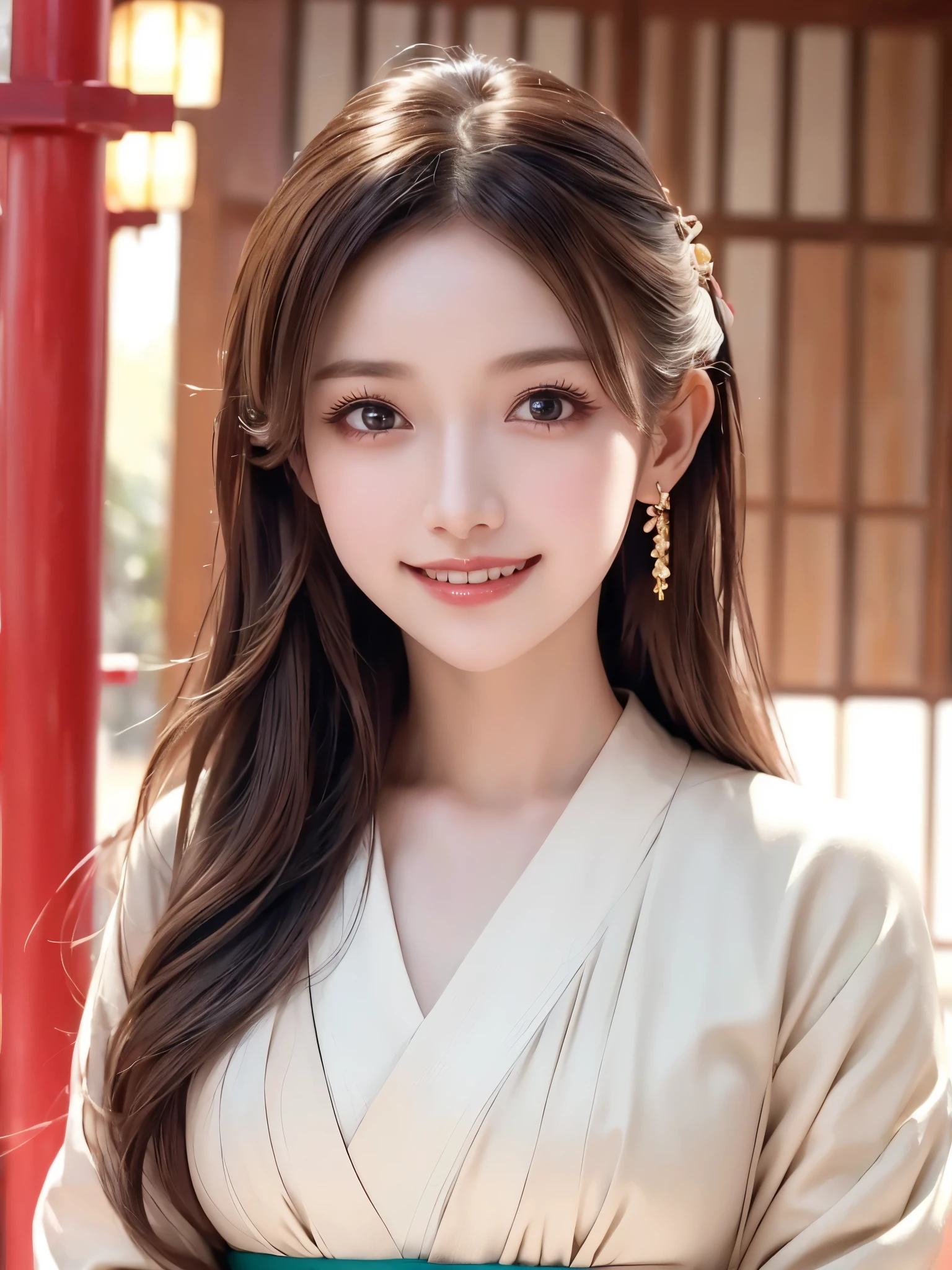 ( face close-up:1.3)、 ( highest image quality taken by Ki, ultra high definition, Masterpiece: 1.4)、 beautiful eyes、 very beautiful、 shiny hair 、 Half Up Hairstyle with Circus in the Background 、Mature and elegant、(smile、smile:1.4)、(kawaii miko girl, wearing japanese white clothes,red hakama, in a Japanese shrine, 45 angle by krenz cushart and Mucha, golden hour lighting, strong rim light, intense shadows)
