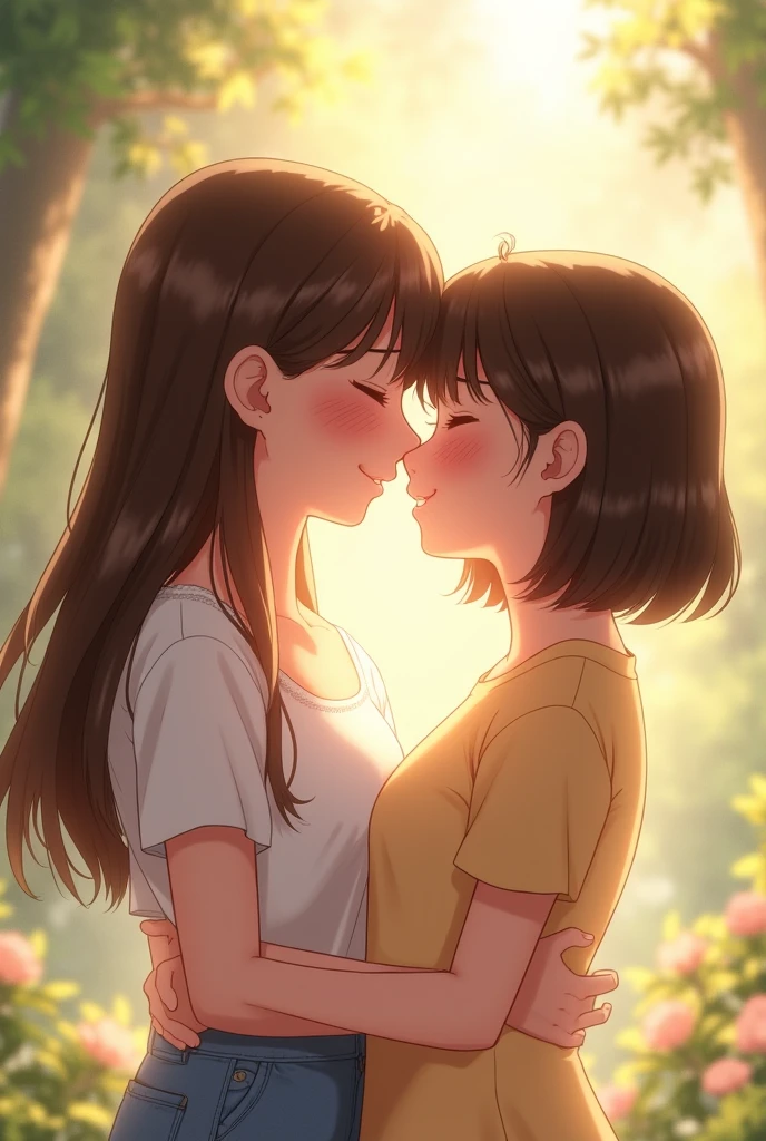 Illustrate the story of two girls who fell in love during their senior year of high school. One of them was taller with straight light brown hair and the other was shorter with shoulder length curly hair.. Show them hugging each other.