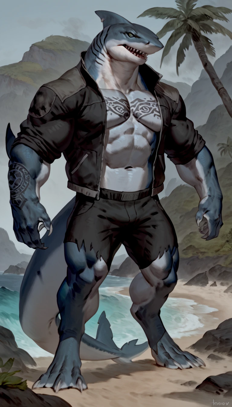 sharkman, anthro megalodon, hunk, black and blue hands and fins, black back, solo, big arms, bara, detailed smooth skin, lizard shark hybrid, anthro, closed mouth, predatory grin, detailed scales, muscular, thick legs, proporcional body, wide chest, trapezoid body type, marked jaw, thick shark tail, wearing jacket, best quality, 4k, ultra-detailed, by Buta99, by honovy, detailed illustration of 4K horror, island beach scenery, wearing pants, tribal shark tattoos on the body, standing near water