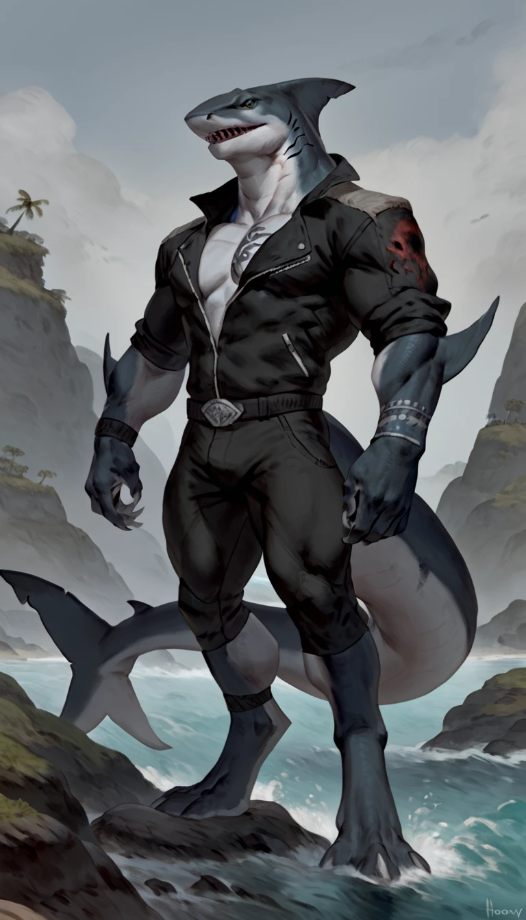 sharkman, anthro megalodon, hunk, black and blue hands and fins, black back, solo, big arms, bara, detailed smooth skin, lizard shark hybrid, anthro, closed mouth, predatory grin, detailed scales, muscular, thick legs, proporcional body, wide chest, trapezoid body type, marked jaw, thick shark tail, wearing jacket, best quality, 4k, ultra-detailed, by Buta99, by honovy, detailed illustration of 4K horror, island beach scenery, wearing pants, tribal shark tattoos on the body, standing near water