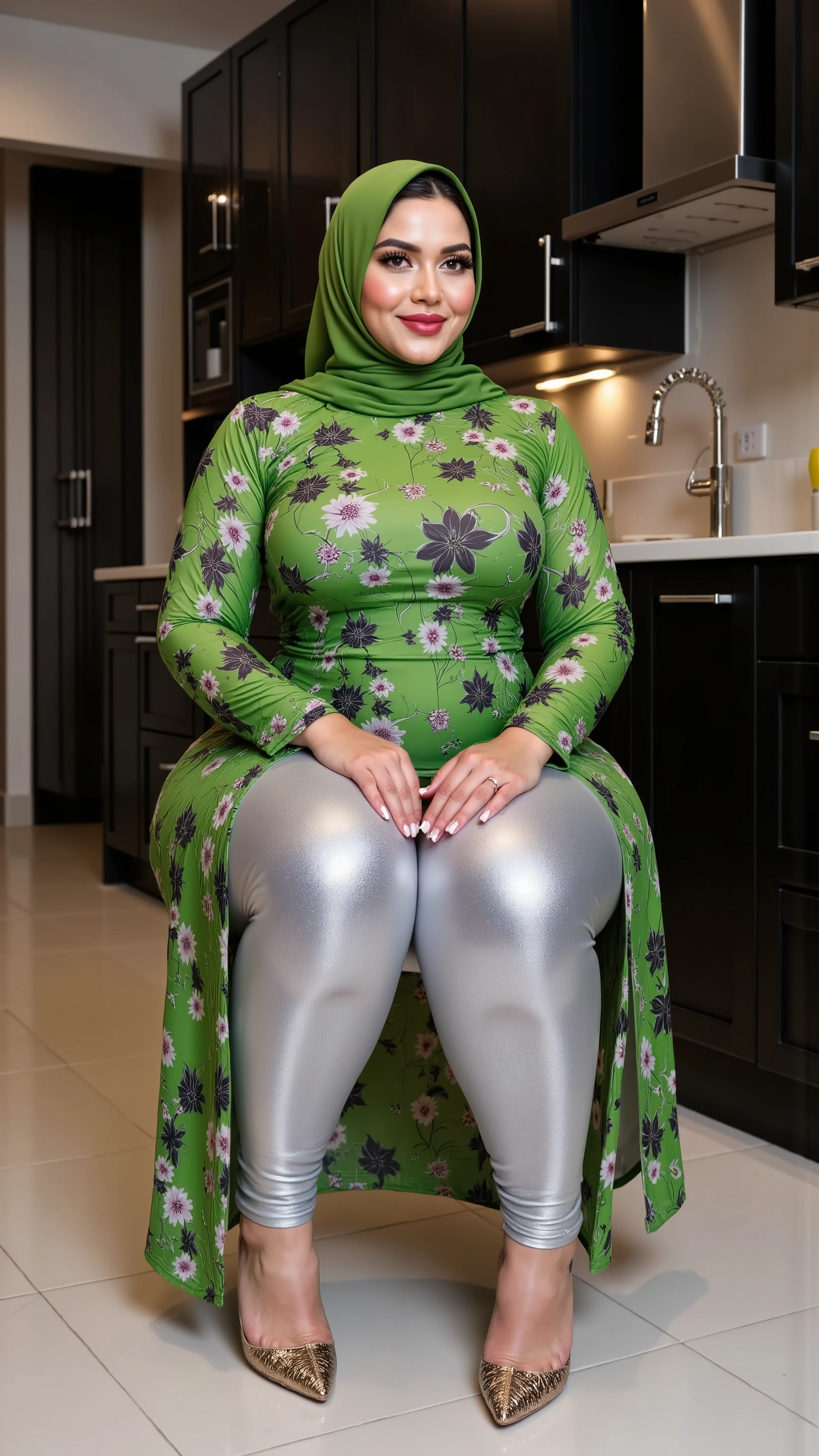 I am 50 year old plus size tall and big giant indian muslim women, looking like indian actress hansika motwani, wearing green and black mix colour printed Sleevless transparent knee length kurti and shining reflective glossy silver leggings and golden hijab,white-skin,

white skin tone, beautiful face, dark red lips, clean skin, celebrity face, thick leggs, round ass,bulging ass,huge breast,scooping D cup Breast,long polished nails,6 inch gold and red mix stileto heels,

women sitting on knees on floor, both hands resting on thighs,in a beautiful black painted kitchen,women have huge bulging ass, happy face,looking the viewer,realistic photo,full body image,wide angle shot in camera, realistic photo, looking on camera for a snap,a quarter back side view of women,UHD photo,generate only woman sitting in side pose images and no standing images,generate only side view images of woman and no front view image of woman,exposing ass through kurti slit,