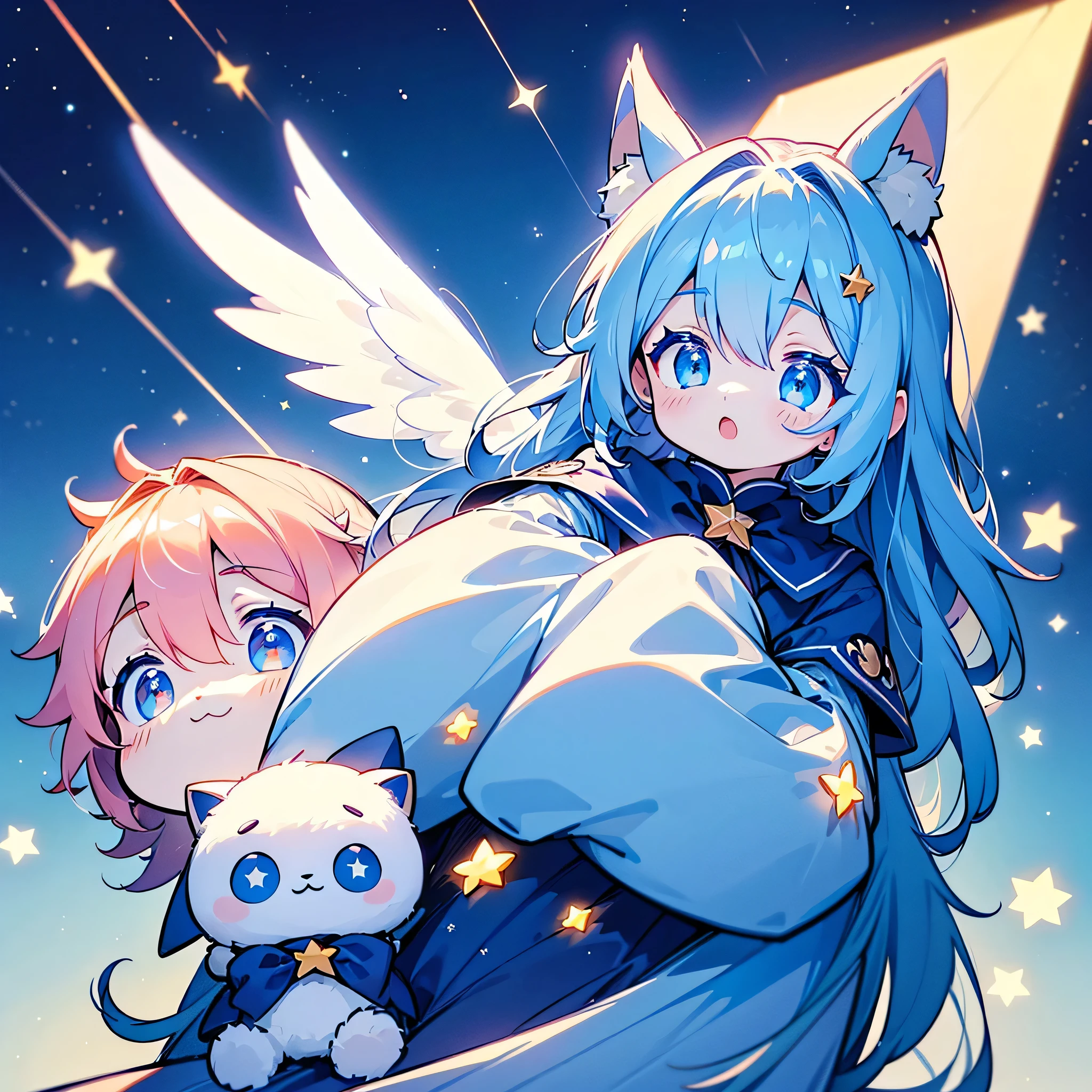((( best detail、 top quality、's greatest masterpiece)))、Composition with Usama as the main character、(evildoer/Fluffy、Fluffy、A cute stuffed animal called Hoshi no Tsukaima is on top of her head、AngelicAI,The ears are fairy wings 、 blue gradation Mokomoko、Please put in the stars and shooting star elements ,Star-shaped propeller with star-shaped ears )、