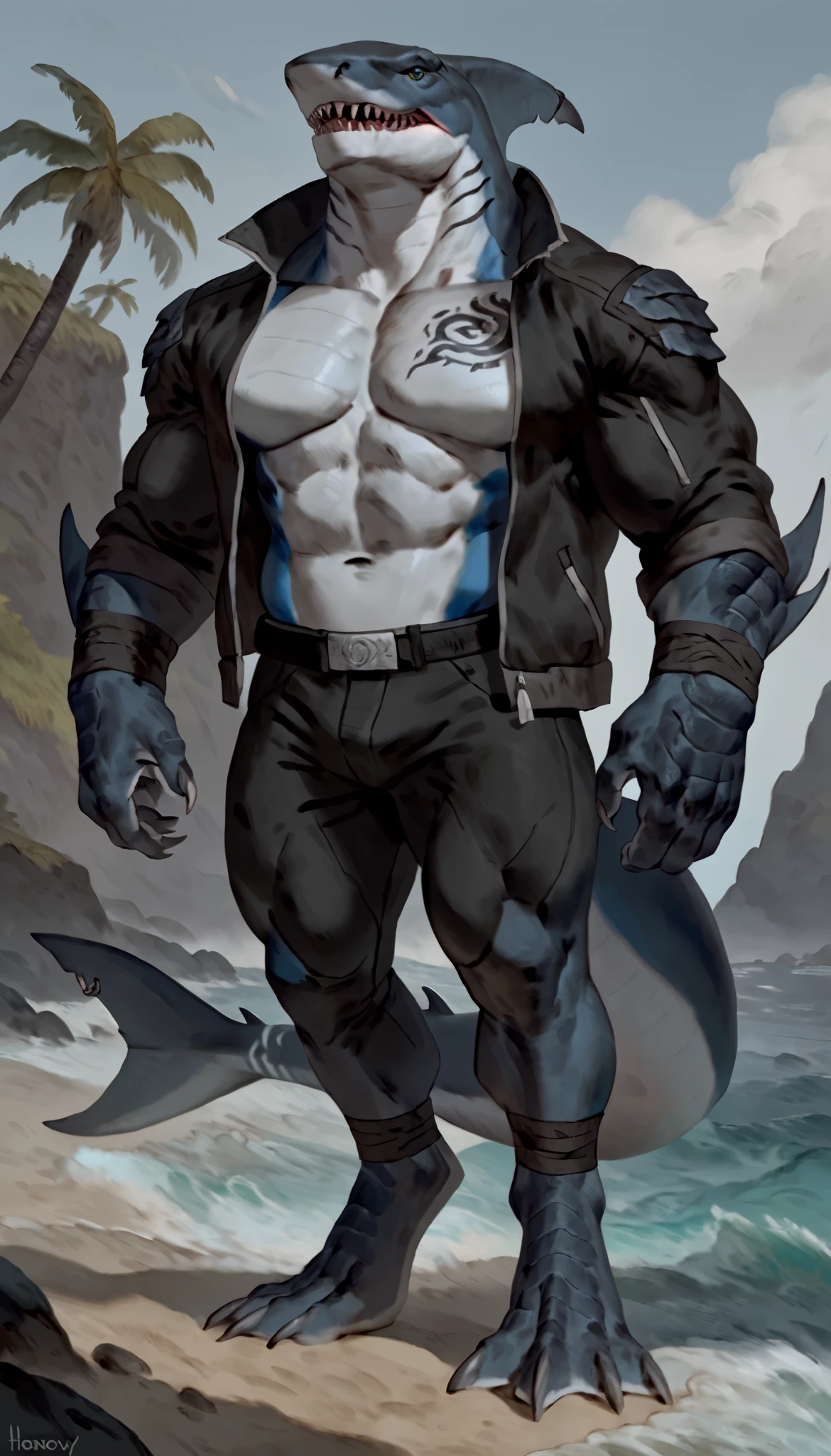 sharkman, anthro megalodon, hunk, black and blue hands and fins, black back, solo, big arms, bara, detailed smooth skin, lizard shark hybrid, anthro, closed mouth, predatory grin, detailed scales, muscular, thick legs, proporcional body, wide chest, trapezoid body type, marked jaw, thick shark tail, wearing jacket, best quality, 4k, ultra-detailed, by Buta99, by honovy, detailed illustration of 4K horror, island beach scenery, wearing pants, tribal shark tattoos on the body, standing near water