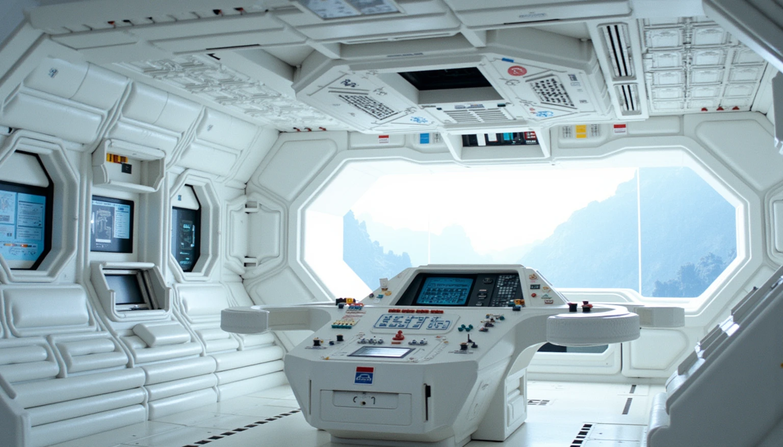 ohwx set design, a photo of a spaceship indoor white interior, cockpit