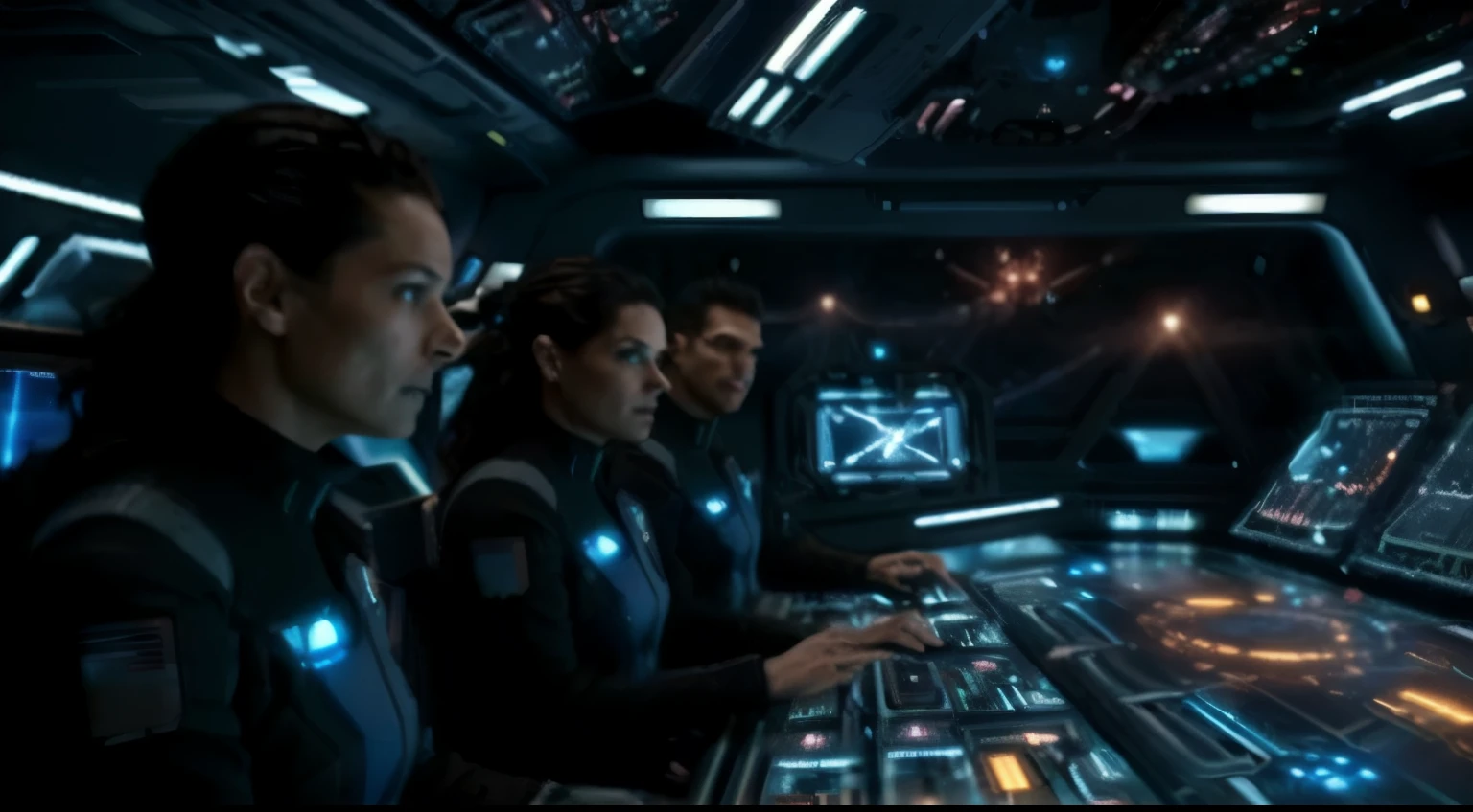 a group of people in a spaceship room with computers, in a scifi movie, the expanse tv series, in a spaceship cockpit, from a 2 0 1 9 sci fi 8 k movie, [ cinematic, depicted as a scifi scene, new scifi movie, the expanse, eve online movie still, looking at spaceships at dock, hyper realistic image