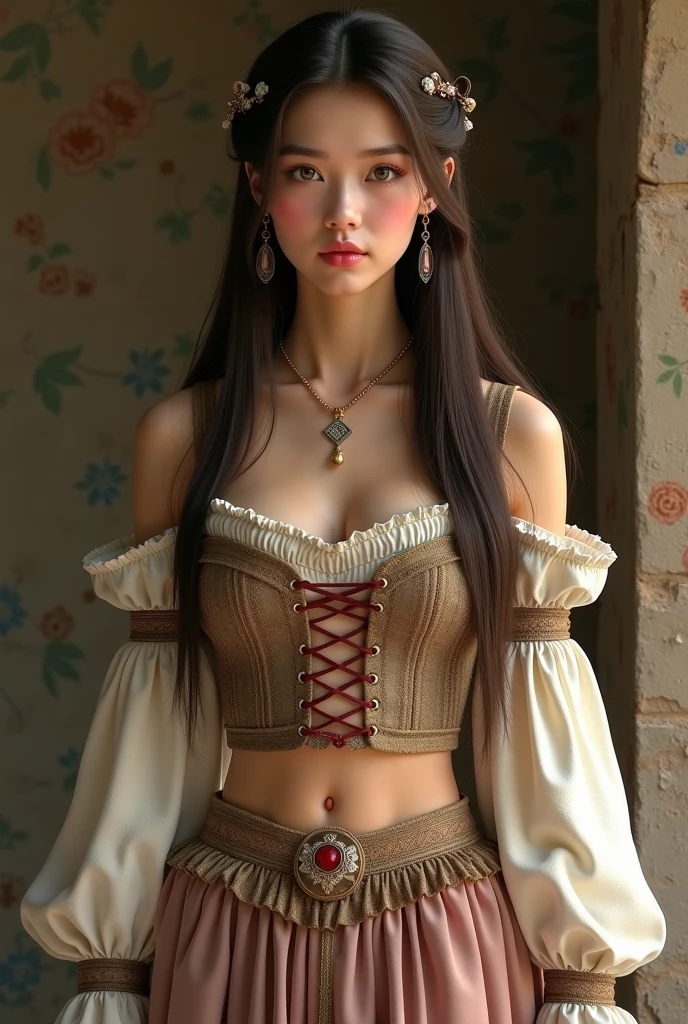 girl, (beautiful face, cute face, 18 years old), brunette, long straight hair, medieval dress, off shoulder, midriff, (tiny waist, flat stomach, narrow hips):1.4, inside cozy medieval cabin, soft lighting, smiling, blush, looking at viewer, sultry look, seductive,