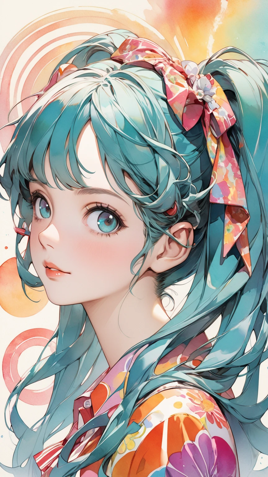 miku hatsune、tiny chest、Big eyes、Blue-haired、Twin-tailed、microphone、White background、Chest illustration、cute little、Shoujo manga style、without background、eyes large