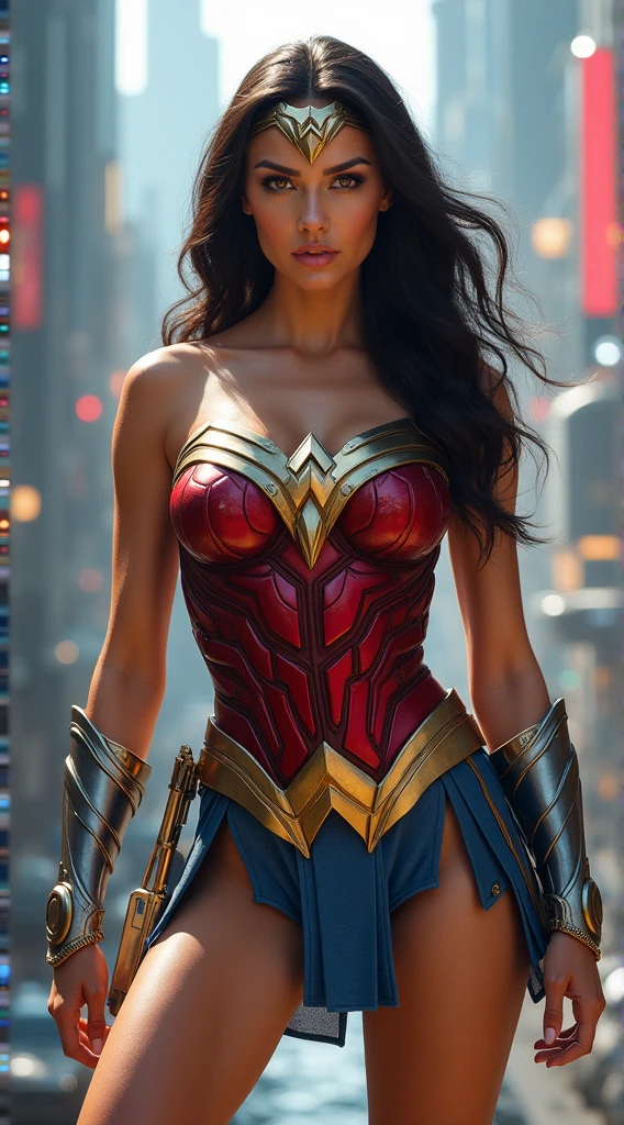 Cinematic soft lighting illuminates a stunningly detailed and ultra-realistic Wonder Woman bodybuilder, muscular, red and blue armor that is trending on ArtStation. Octane is the perfect tool to capture the softest details of this 16k photography masterpiece