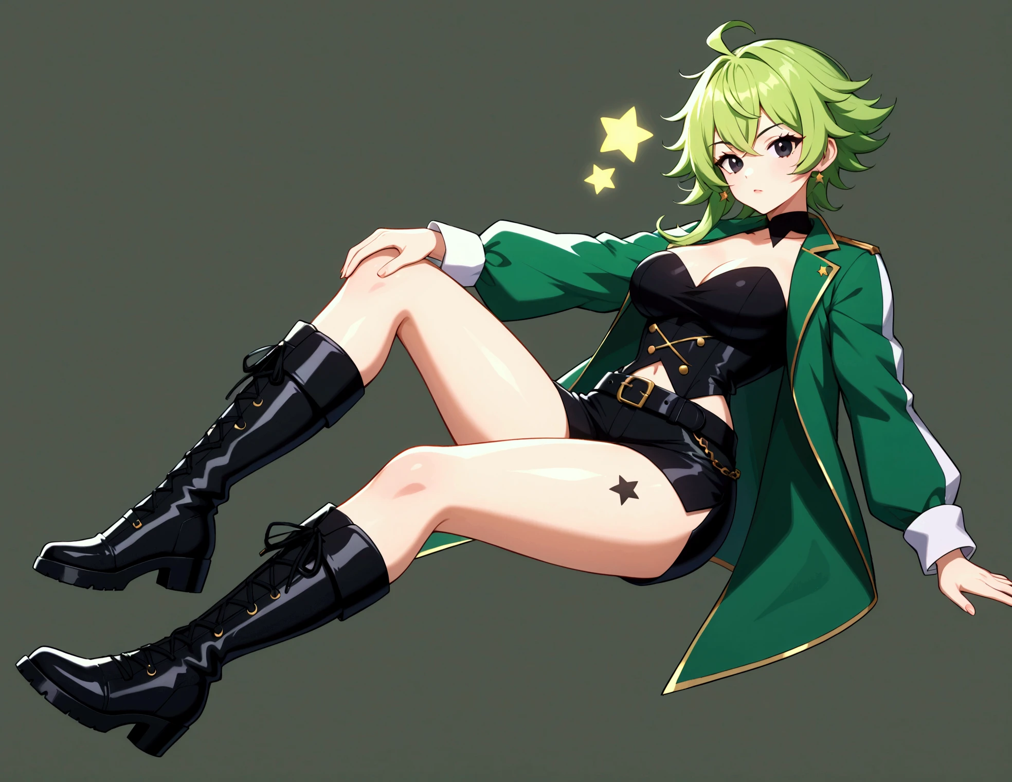 ((Best Quality)), ((masterpiece)), (detailed),Girl , short hair , high , alone , elegant uniform , thigh high stockings , good body , light green fur , black gloves , Green_eyes , yellow_eyes , Long black cape , heterocromia , stop , Whole body , ak-47 en la mano