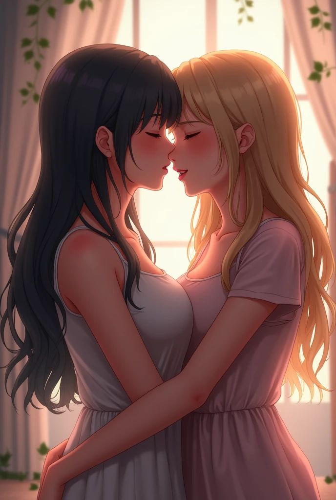 Create an image where a girl kisses. To another girl