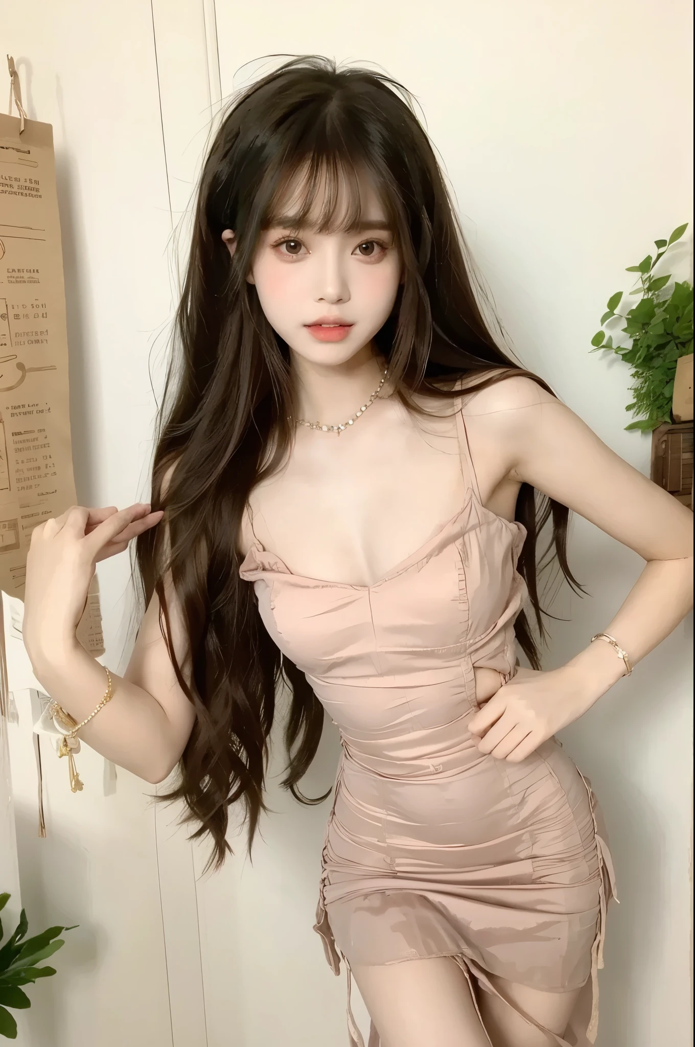 (top-quality、​masterpiece:1.5)、(Photo Real、intricate-detail:1.2)、超A high resolution、absurderes、
1girl in、23-year-old girl、Model Type Face、hairstyle on（Brownish、long to）、Facial light、
garments（A black、Sleeveless Date Dress）、
A slight smil、Small dimples、
Slim waist、Slim Leg、Long leg、
slender and very slender body,,,,
X-shaped with both hands、shinny skin、Authentic skin texture、
early evening、natural soft light、The best lighting、细致背景、detailed shadow、foco nítido、Depth of field f / 2、
saturated、highly contrast、Strong light and shadow