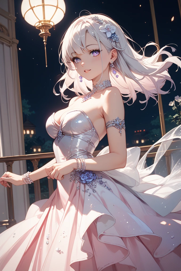 ((highest quality)),(ultra high resolution),(Super detailed),(detailed description),((best CG)),(best work of art),super precision art,amazing drawing art,(Art with precise details:1.5), (1 Lady:1.6),beautiful and well-shaped face:1.5,light makeup:1.6,(Backless dress with attention to detail:1.8),tied hair:1.6, old castle balcony:1.5,sunset sky:1.5,