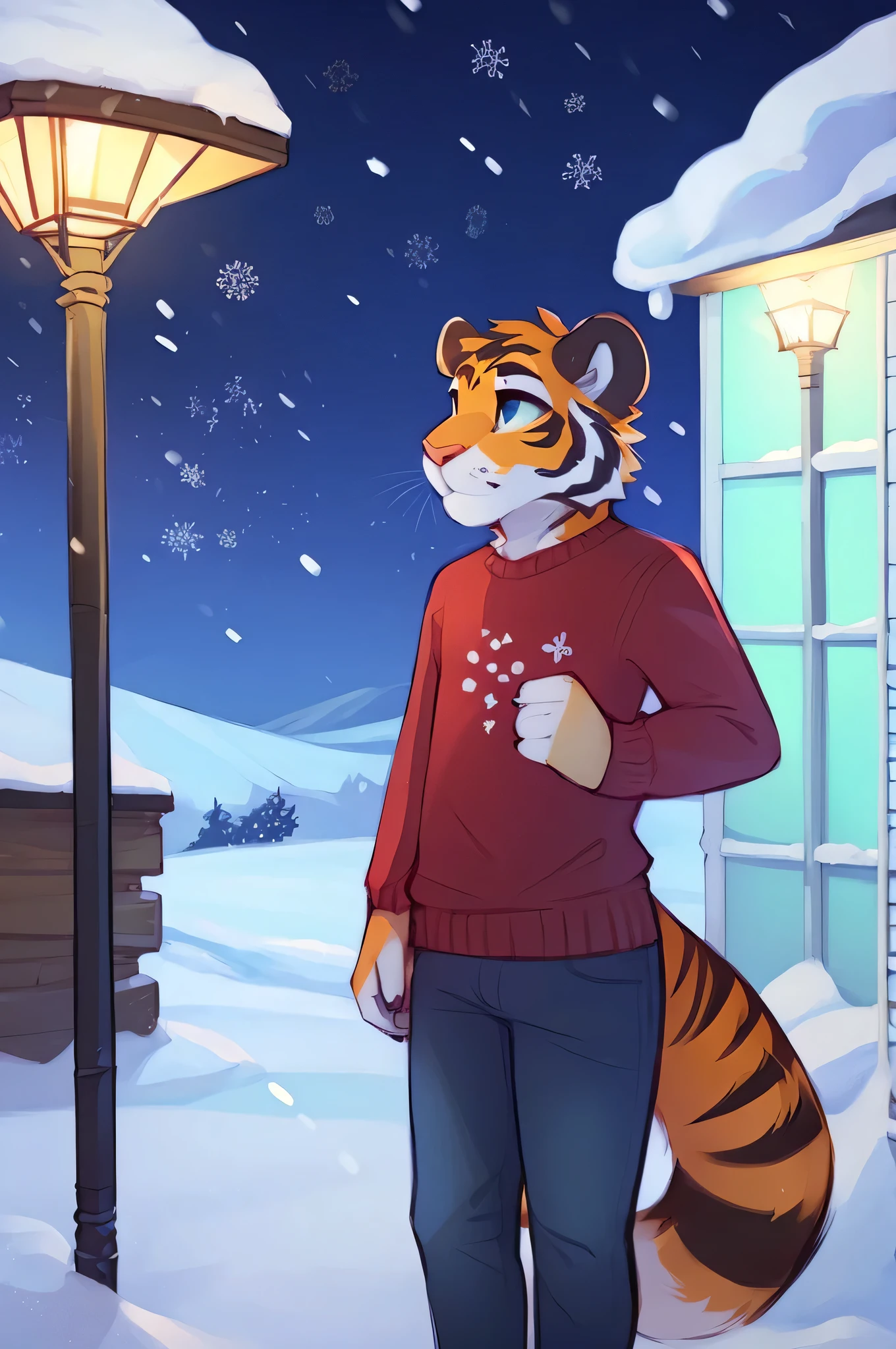 anthro, solo, male, tiger, by oldski outdoor, night, snowflakes, winter, long sleeves sweater, red sleeves, blue jeans, snowing, day