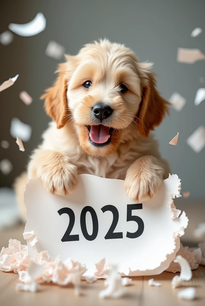 Photo-realistic, Cream coloured labradoodle puppy playfully ripping up and shredding a large piece of paper that has "2025" written on it, she is energetic and playful. natural lighting, joyful atmosphere, pieces of paper flying everywhere