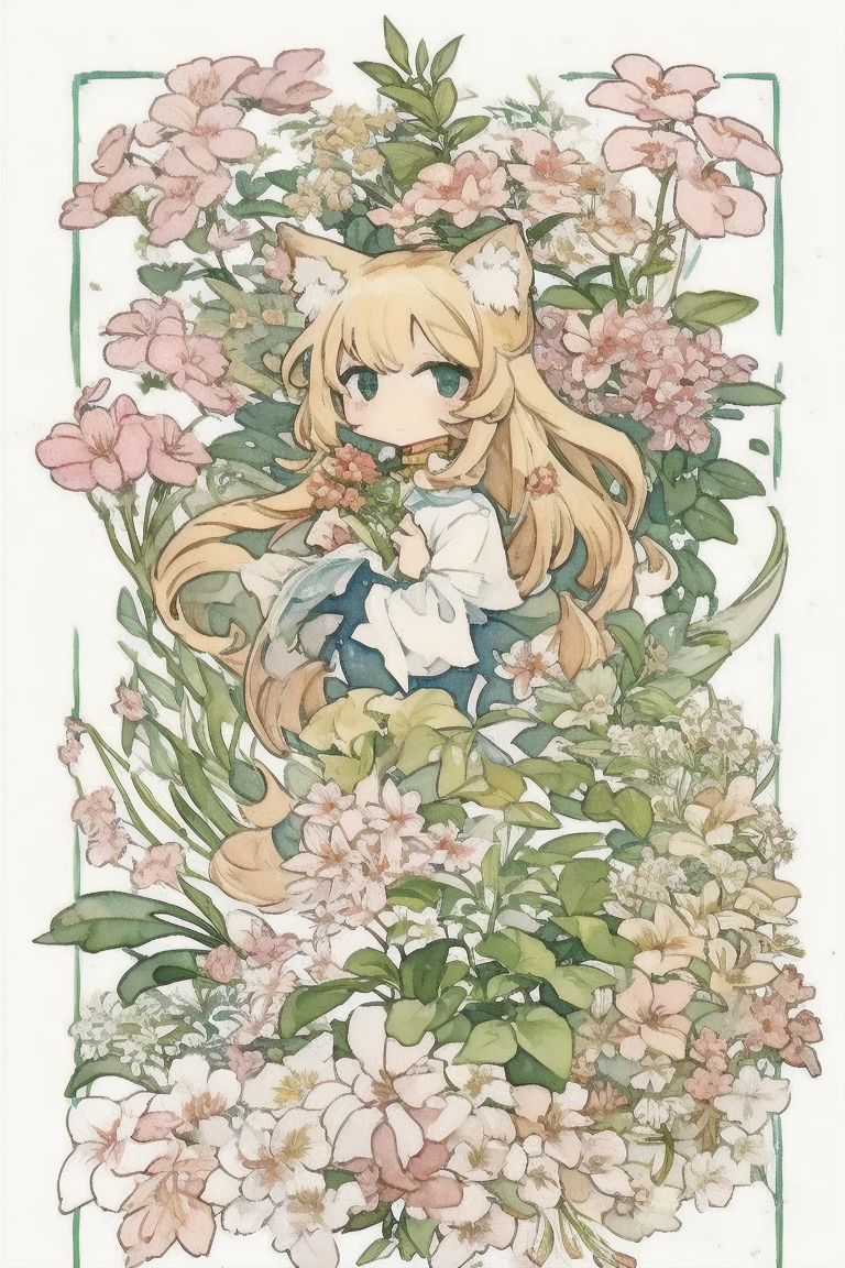 Mucha art deco style, Plant and tree design、Watercolor,  spring, catgirl,  chibi,