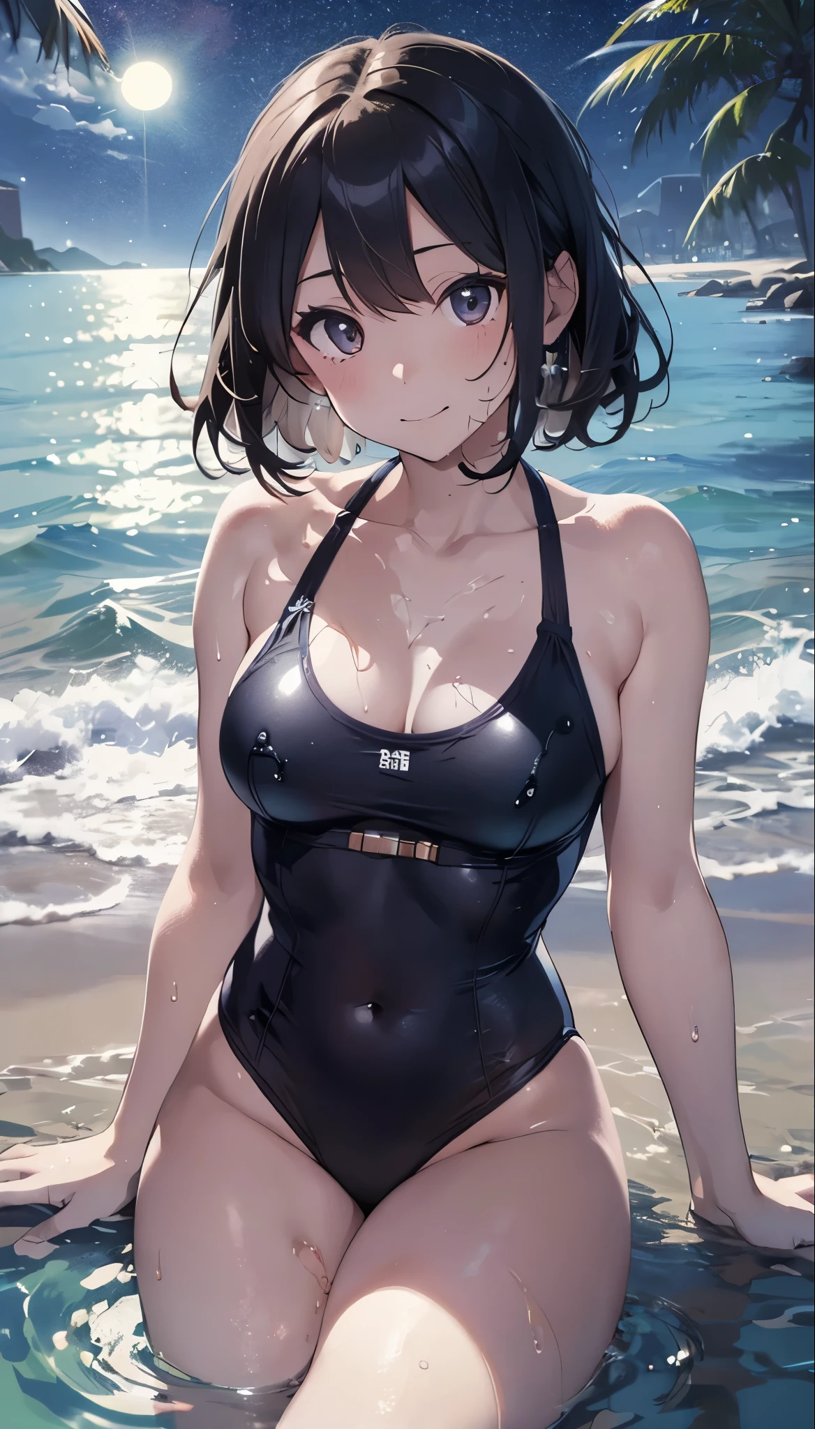 On a summer poolside, a girl, ponytail, pitch-black bikini, exhibiting a fit physique, with her hands behind her back, gazing down at you from the pool,from below,masterpiece,best quality