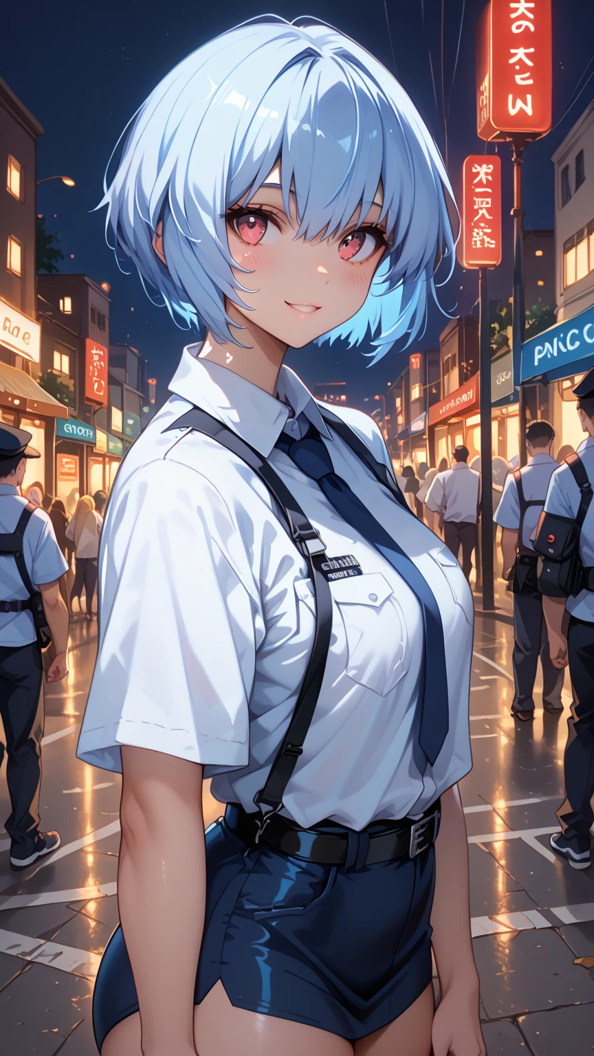 Under the street lights of the city at night、 big boobs, Wear police officer clothes,  Perform sensual backbends ,  Show off flexibility and curves ., Emphasize the graceful lines of the body . model pose、smile、Rei Ayanami、sexy anime girl with short blue hair 、 white shirt