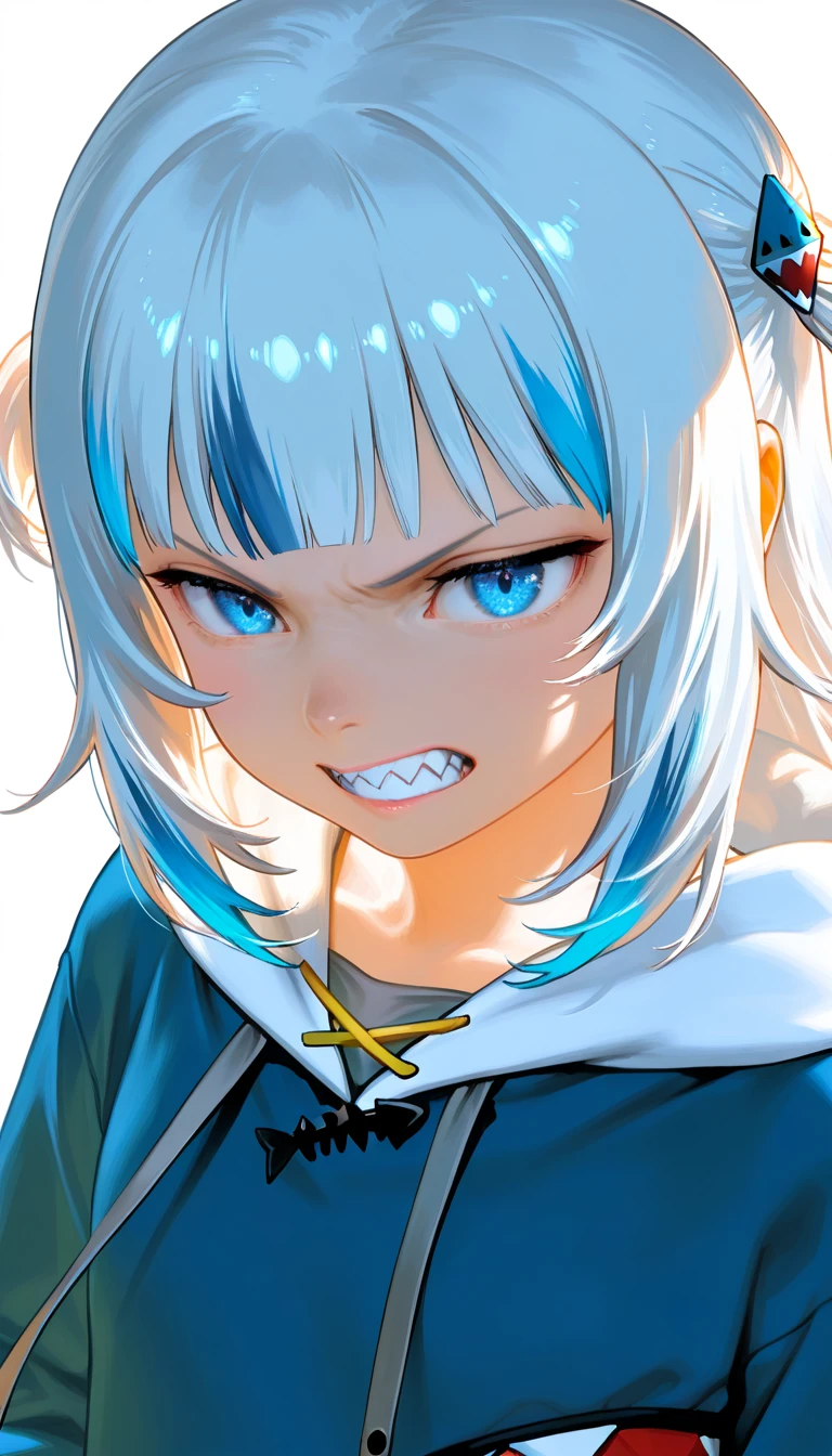 anthro shark girl, shark hoodie, demi human, anime shark girl, beautiful detailed eyes, detailed face, sharp teeth, cold glare, angry, 8k, high quality, simple white background, photorealistic, highly detailed, hyper-realistic, dramatic lighting, vibrant colors, cinematic