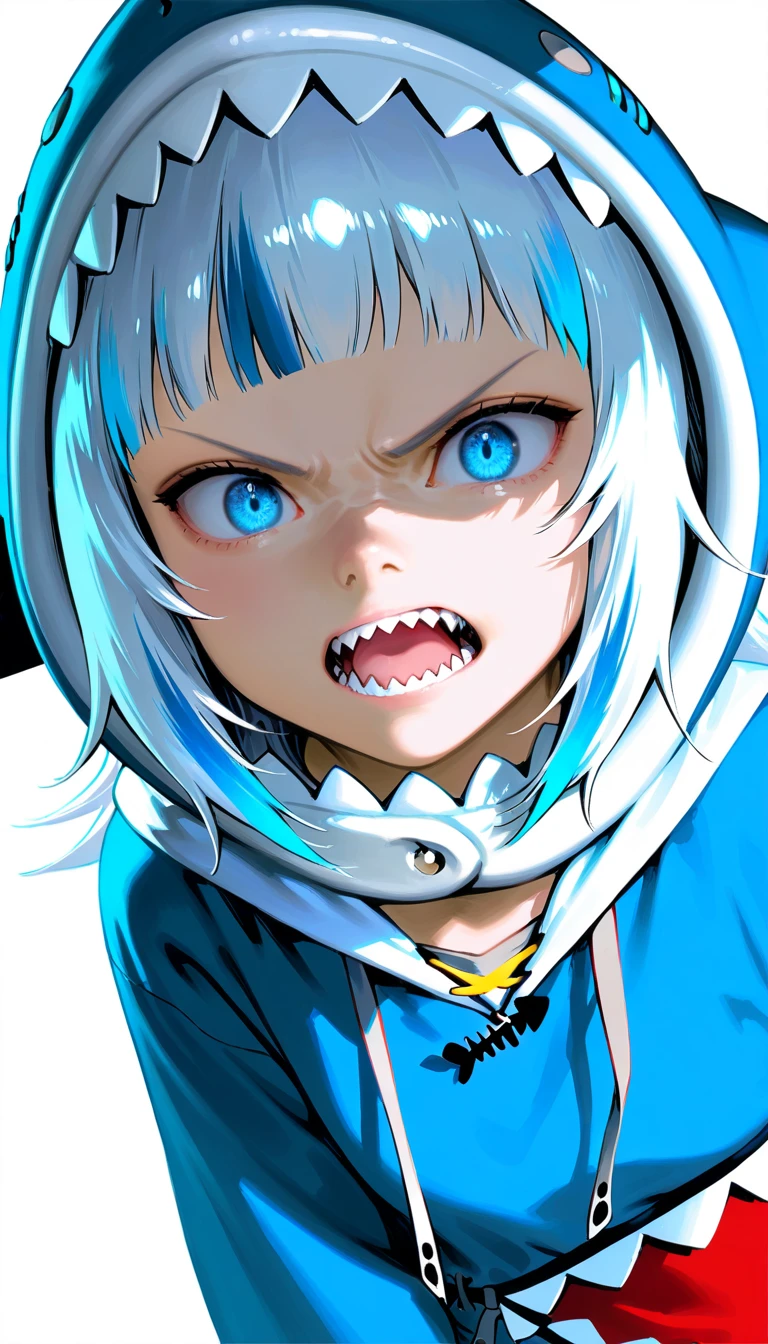 anthro shark girl, shark hoodie, demi human, anime shark girl, beautiful detailed eyes, detailed face, sharp teeth, cold glare, angry, 8k, high quality, simple white background, photorealistic, highly detailed, hyper-realistic, dramatic lighting, vibrant colors, cinematic