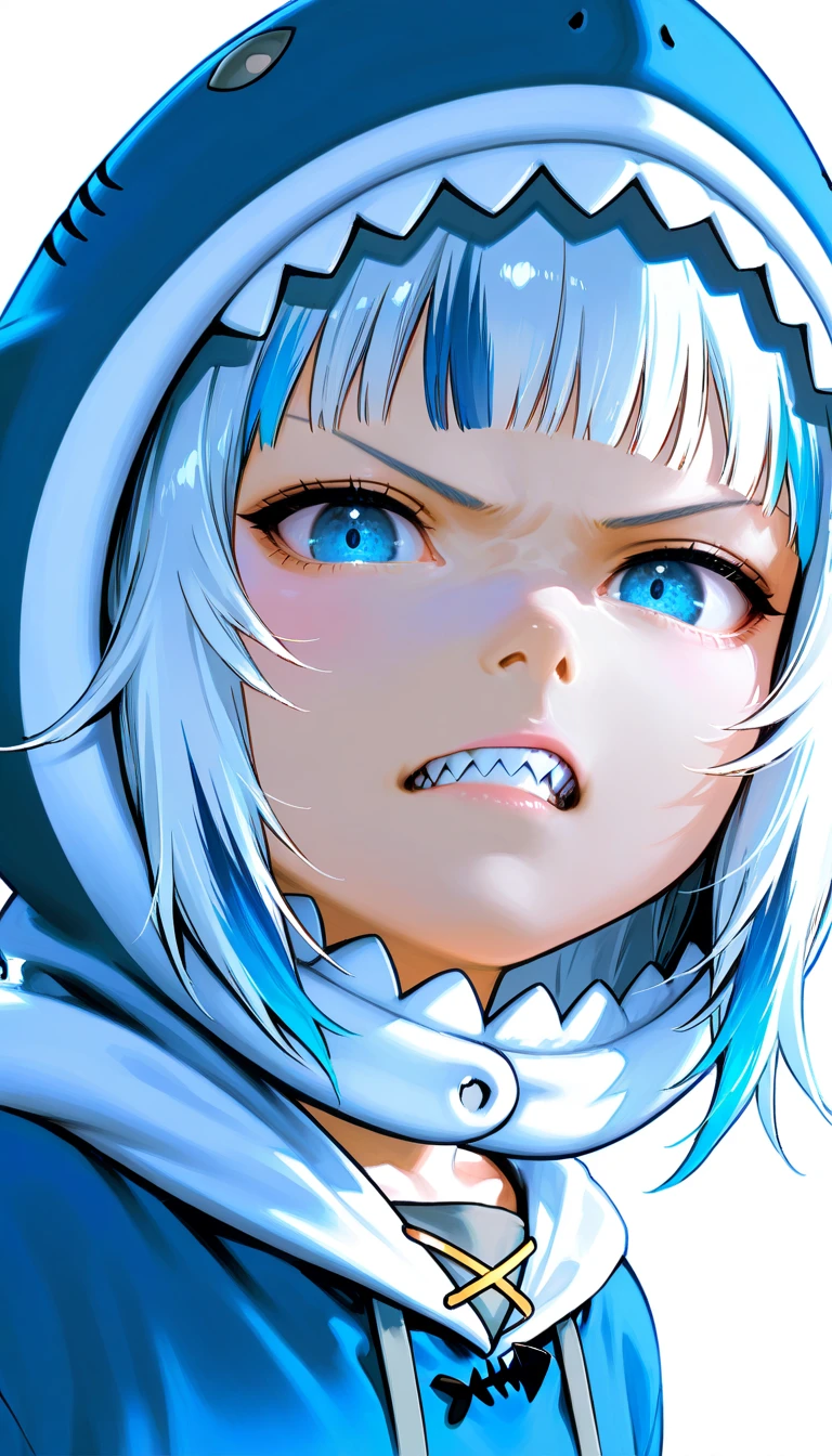 anthro shark girl, shark hoodie, demi human, anime shark girl, beautiful detailed eyes, detailed face, sharp teeth, cold glare, angry, 8k, high quality, simple white background, photorealistic, highly detailed, hyper-realistic, dramatic lighting, vibrant colors, cinematic