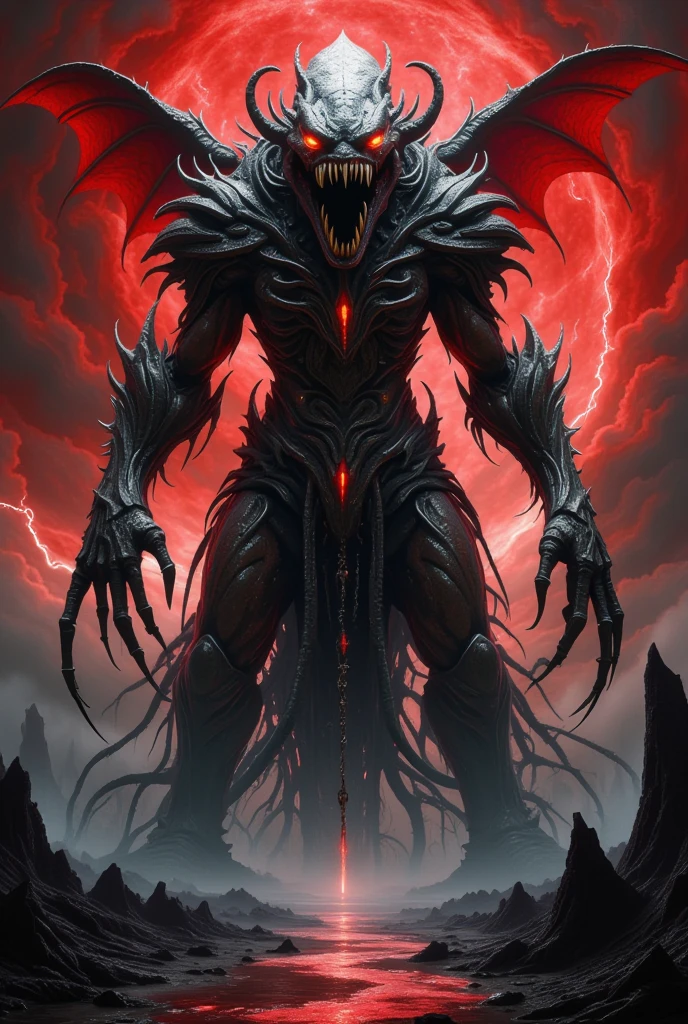 "A towering, grotesque entity that defies comprehension, its form is an ever-shifting amalgamation of flesh, shadow, and cosmic void. Its body is a nightmarish blend of textures: slick, glistening tendrils coiling like serpents, jagged chitinous plates forming unnatural armor, and patches of pulsating, translucent skin that reveal glimpses of swirling galaxies and writhing shadows beneath.

The creature’s head is a maddening sight, an asymmetrical mass of gaping maws filled with rows of jagged, obsidian teeth. Dozens of eyes, each of different sizes and shapes, are scattered chaotically across its body, glowing faintly with unnatural hues of green, purple, and sickly yellow. Some eyes are milky and blind, while others dart frantically, as if perceiving realms beyond human understanding.

From its back sprout an array of twisting appendages, some resembling skeletal wings with torn, membranous skin that drips with an inky, corrosive substance. Others are long, spindly limbs ending in clawed, multi-jointed fingers that seem to reach endlessly into the void. The creature's lower body merges into an undulating mass of tendrils and roots, seeping a black, viscous fluid that corrupts everything it touches, turning the ground into a lifeless, barren wasteland.

Its presence bends reality itself—nearby objects distort and stretch unnaturally, colors bleed into one another, and the air shimmers with a haze of incomprehensible patterns. A faint, maddening hum reverberates around it, accompanied by whispers in alien languages that burrow into the minds of those who dare to listen.

The environment is a hellish landscape of twisted, jagged rock formations and a blood-red sky filled with swirling storm clouds. Lightning flashes intermittently, revealing glimpses of otherworldly shapes lurking in the distance, as if the horror is merely one fragment of a much greater, unfathomable entity. The ground is littered with the remnants of those who attempted to confront it—shattered