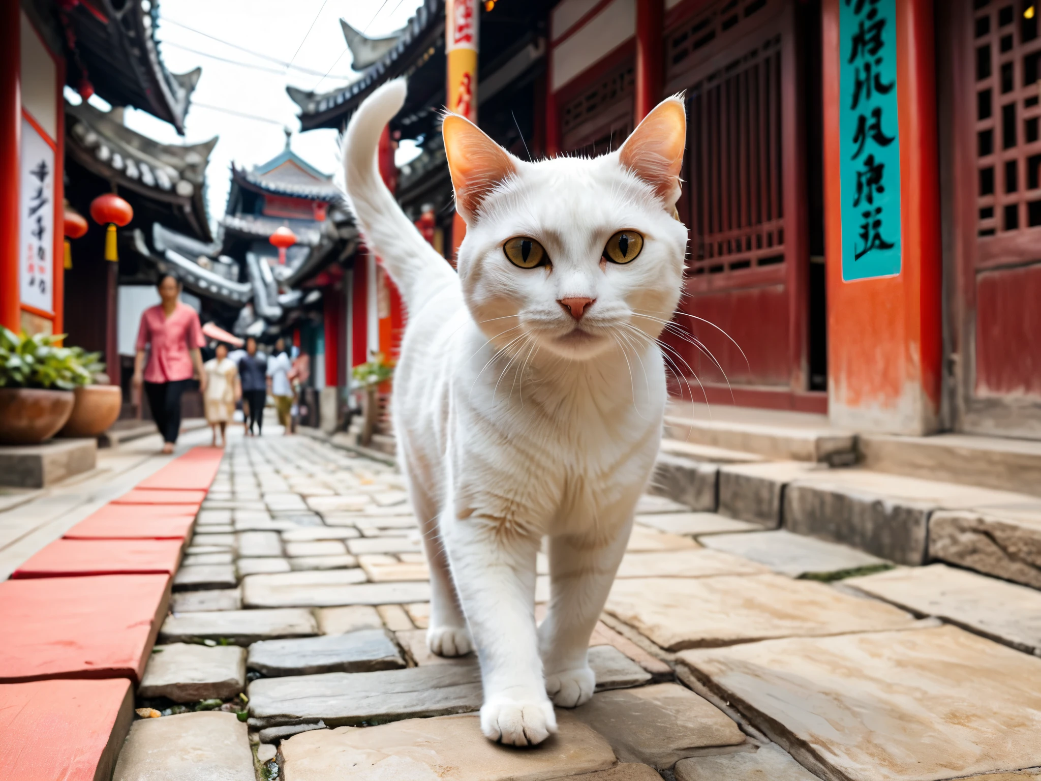 Close up of a cat walking through an Asian city