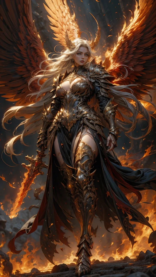 In the heart of the heaven a young arcangel woman with very long white hair, crimson gold warrior arcangel outfit with long neckline, extended arms with power, battle pose, extended wings with red and gold, in a battle field, creates a war atmosphere, legions of arcangels and techno demons on battle, energy and fire on every corner of the field. The angle of the scene is dynamic, capturing the intensity of the moment, fine quality golden eyes, eyes looking at the camera, ultra detailed, Beautiful and aesthetically pleasing, masterpiece, Best quality score, (fractal art: 1.3), Extremely detailed , dynamic angle, raytraced, full body naked, close up, dust and hard light, huge breast