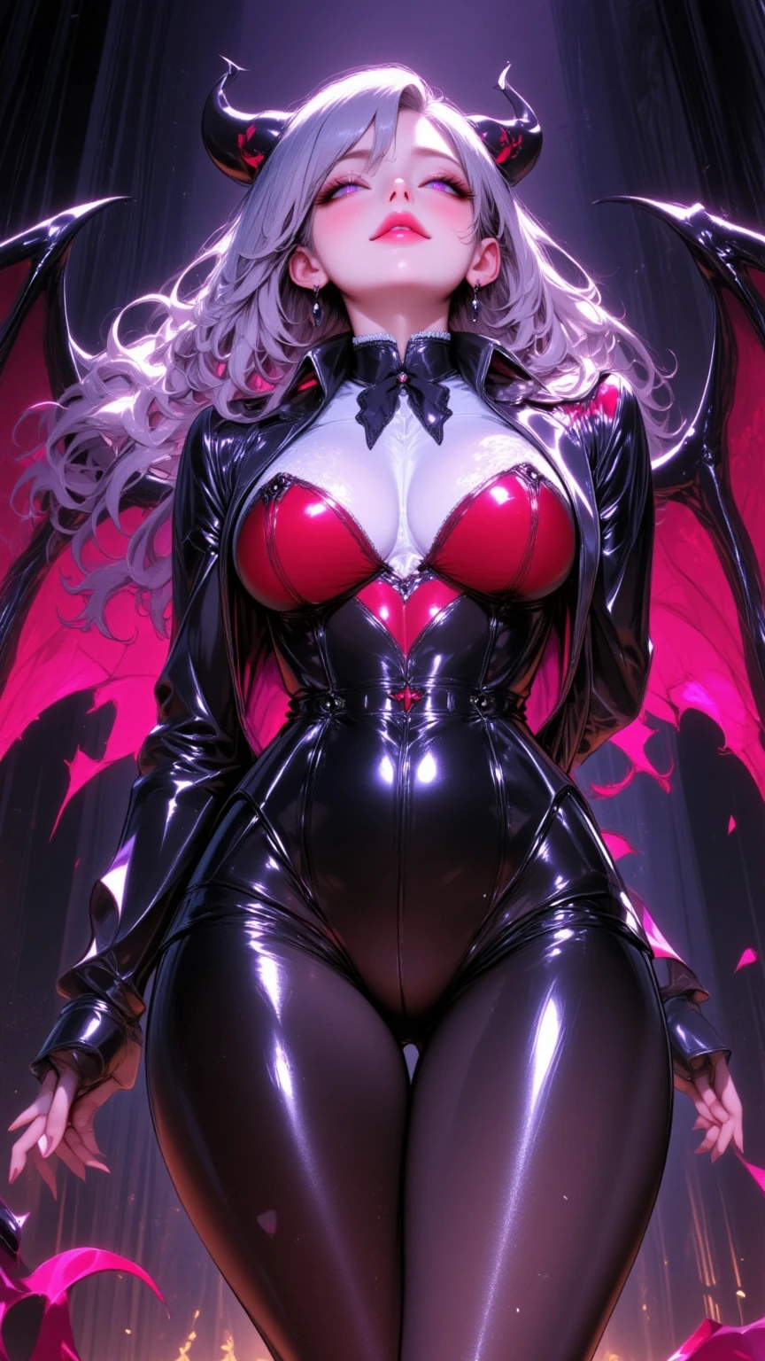 1 mature woman,(masterpiece, top quality, very detailed depiction, Incredibly Absurd High Resolution ,),(Devil horns,Devil&#39;s Wings:1.3),(Succubus wearing a shrine maiden costume , evil , very shiny wrinkled clothes ,High quality skin,Reflective fabric,latex),(魅力的な Perfect Female Proportions , enchanting smile, normal breasts, Perfect Female Proportions , ideal body proportions, attractive proportions , Tight Woman , long silvery hair , purple eyes, curve beauty, very beautiful and detailed face,face focus),( bewitching smile, Sadistic , provocative,Enchanted, fascinated , excited,blush), Super beautiful detailed backgrounds ,Sexy cutout, point of view looking up from directly below:2.0, look down:1.5,