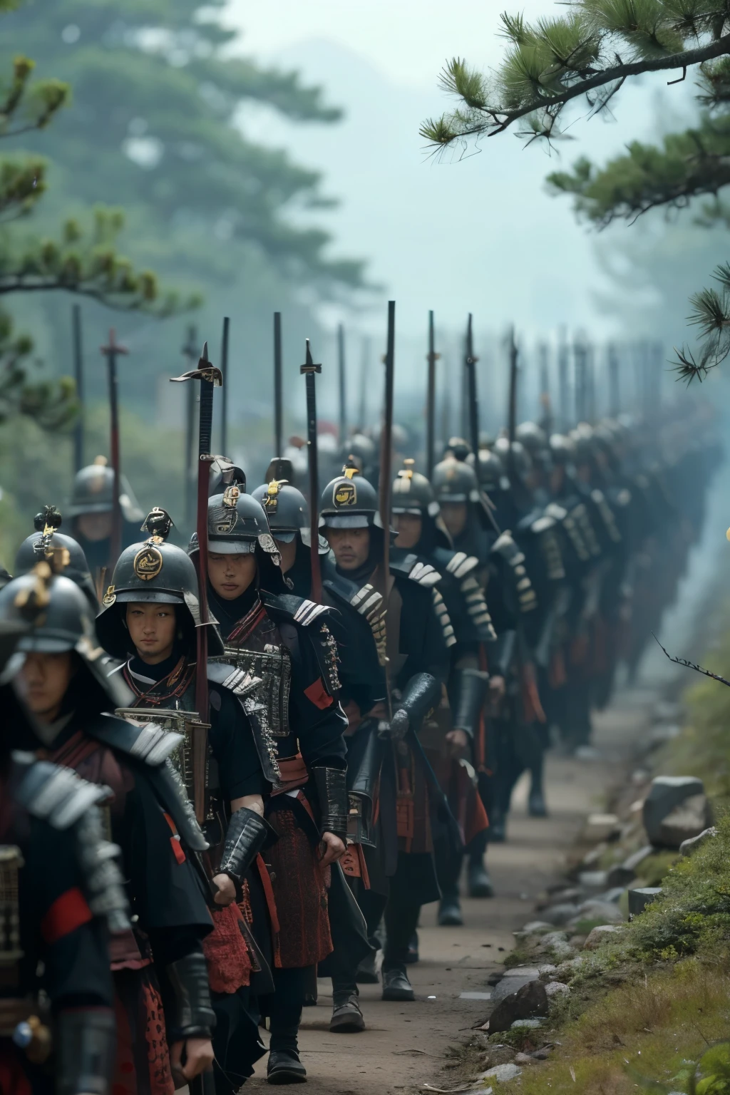   large groups of armed Japanese samurai are walking in line、All Japan men、 they're walking forward with a serious expression on their faces 