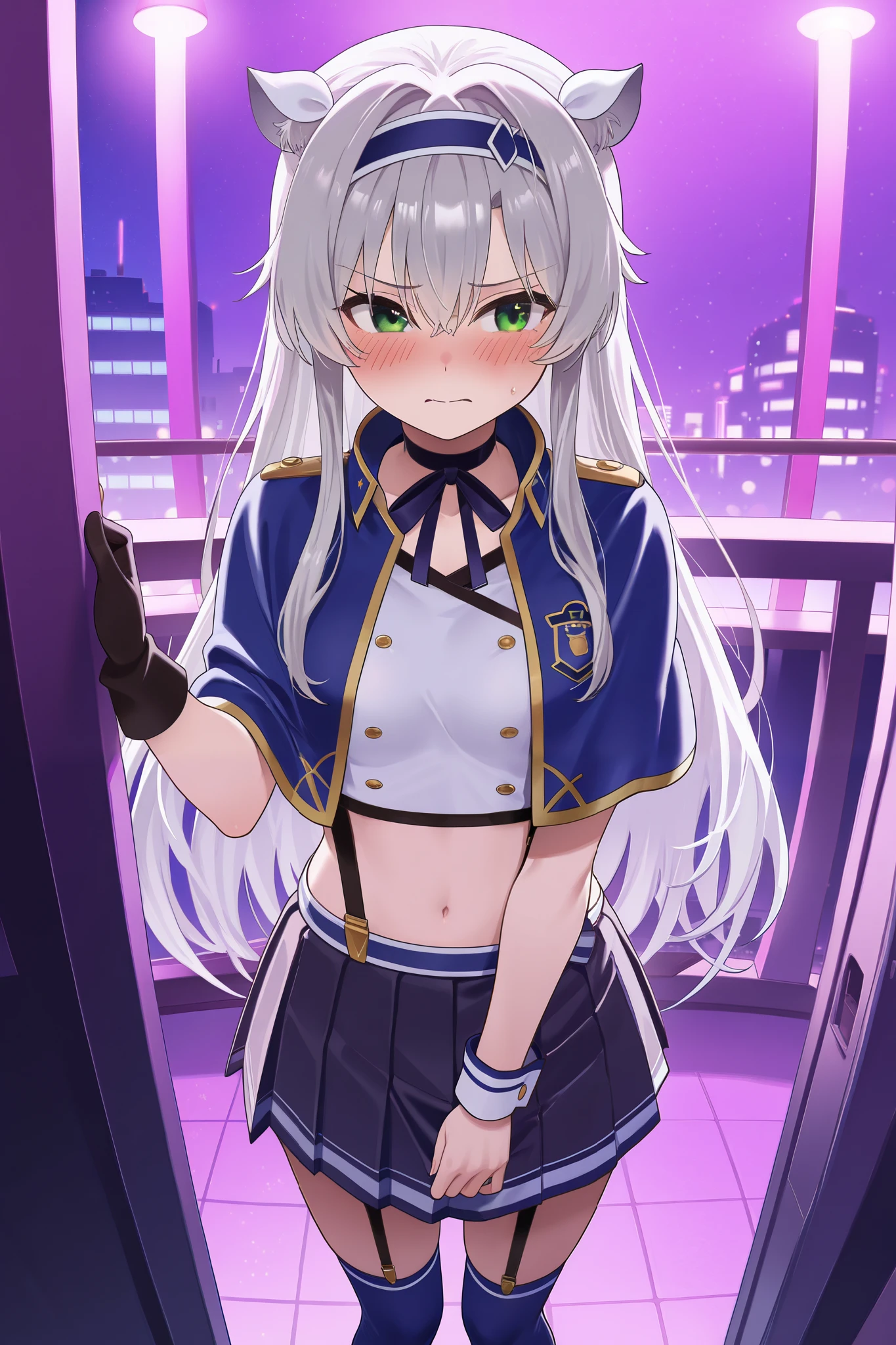 NSFW,masterpiece, top quality, high definition, very detailed,Sistine＝Fiebel 、 Roku Denashi Magi Instructor and Akashic Records、 green eyes、 gray hair、stupid hair、 small breasts、 long hair、 blue headband 、 fake animal ears ,Arzano uniform , crop top、 blue capelet、 blue knee socks 、 neck ribbon、 choker 、 garter strap、 wrist cuff on one side 、One glove、Uneven gloves 、Pleated skirt、Suspender skirt、abdomen,(Prostitute),Nightlife,Hotel district,Embarrassed,blush,prostitution