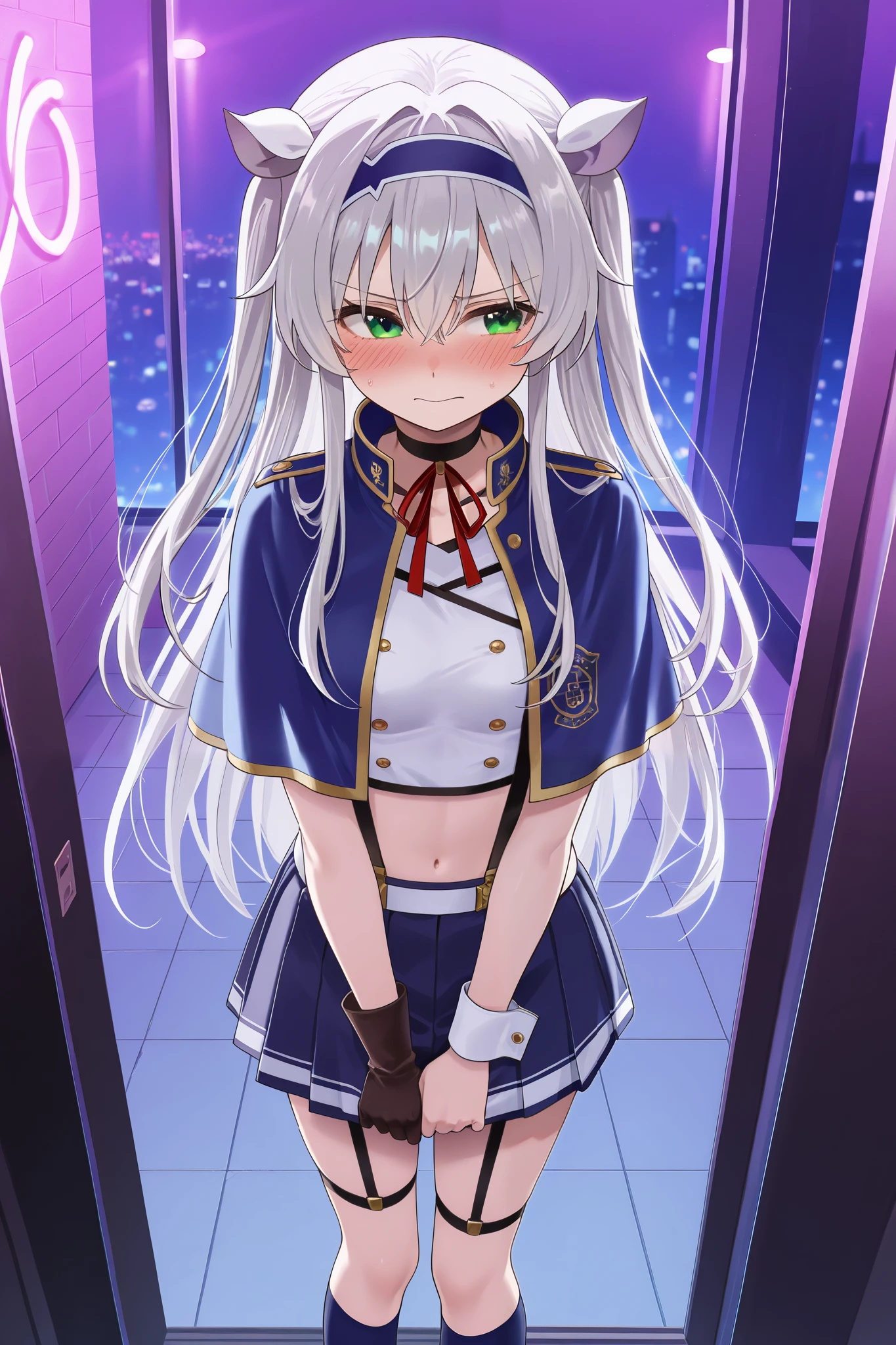 NSFW,masterpiece, top quality, high definition, very detailed,Sistine＝Fiebel 、 Roku Denashi Magi Instructor and Akashic Records、 green eyes、 gray hair、stupid hair、 small breasts、 long hair、 blue headband 、 fake animal ears ,Arzano uniform , crop top、 blue capelet、 blue knee socks 、 neck ribbon、 choker 、 garter strap、 wrist cuff on one side 、One glove、Uneven gloves 、Pleated skirt、Suspender skirt、abdomen,(Prostitute),Nightlife,Hotel district,Embarrassed,blush,prostitution