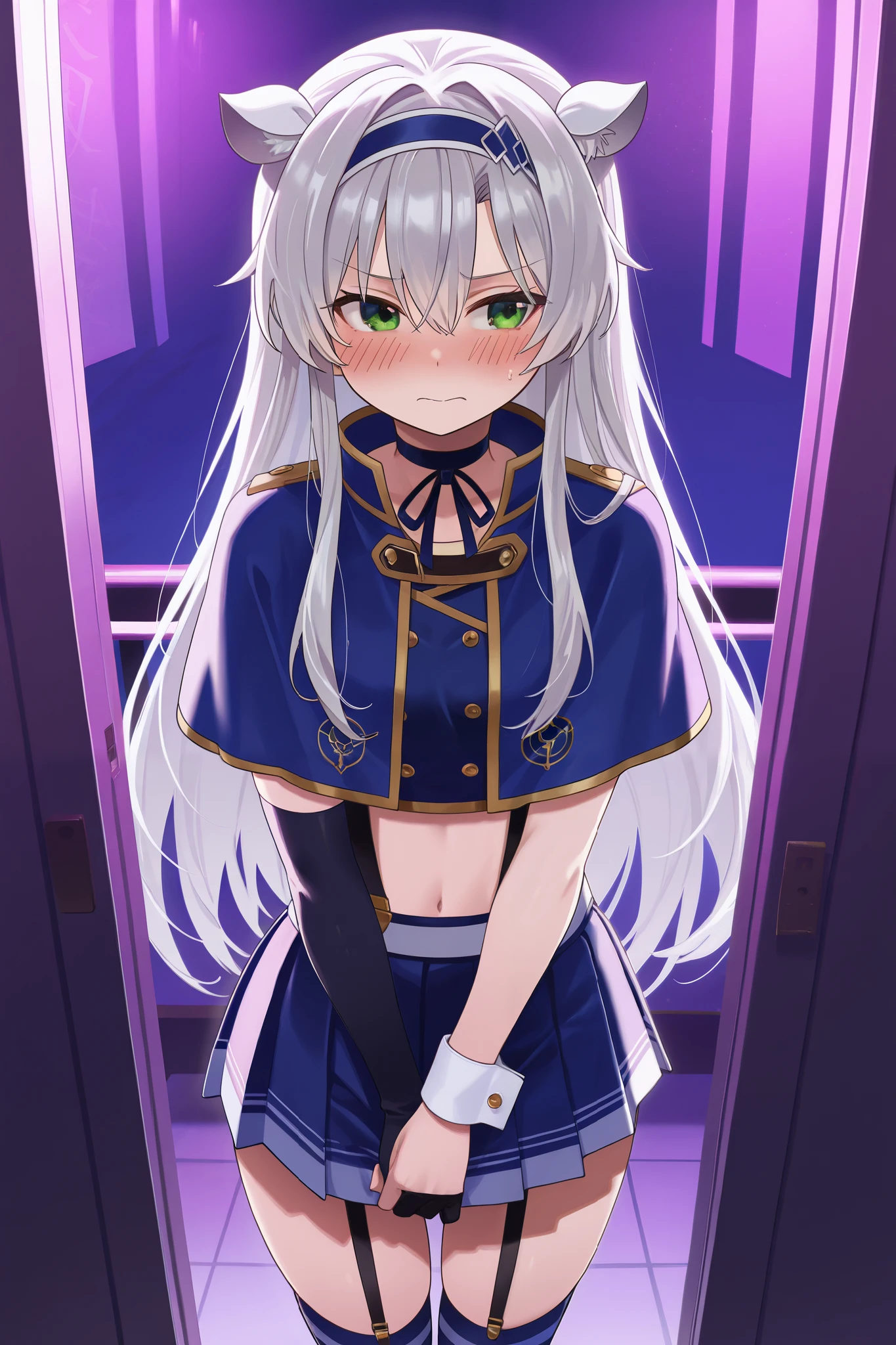 NSFW,masterpiece, top quality, high definition, very detailed,Sistine＝Fiebel 、 Roku Denashi Magi Instructor and Akashic Records、 green eyes、 gray hair、stupid hair、 small breasts、 long hair、 blue headband 、 fake animal ears ,Arzano uniform , crop top、 blue capelet、 blue knee socks 、 neck ribbon、 choker 、 garter strap、 wrist cuff on one side 、One glove、Uneven gloves 、Pleated skirt、Suspender skirt、abdomen,(Prostitute),Nightlife,Hotel district,Embarrassed,blush,prostitution