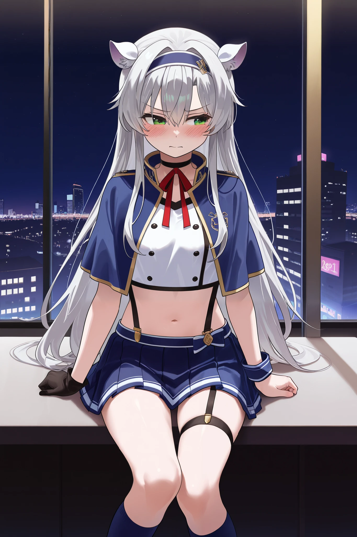 NSFW,masterpiece, top quality, high definition, very detailed,Sistine＝Fiebel 、 Roku Denashi Magi Instructor and Akashic Records、 green eyes、 gray hair、stupid hair、 small breasts、 long hair、 blue headband 、 fake animal ears ,Arzano uniform , crop top、 blue capelet、 blue knee socks 、 neck ribbon、 choker 、 garter strap、 wrist cuff on one side 、One glove、Uneven gloves 、Pleated skirt、Suspender skirt、abdomen,(Prostitute),Nightlife,Hotel district,Embarrassed,blush,prostitution