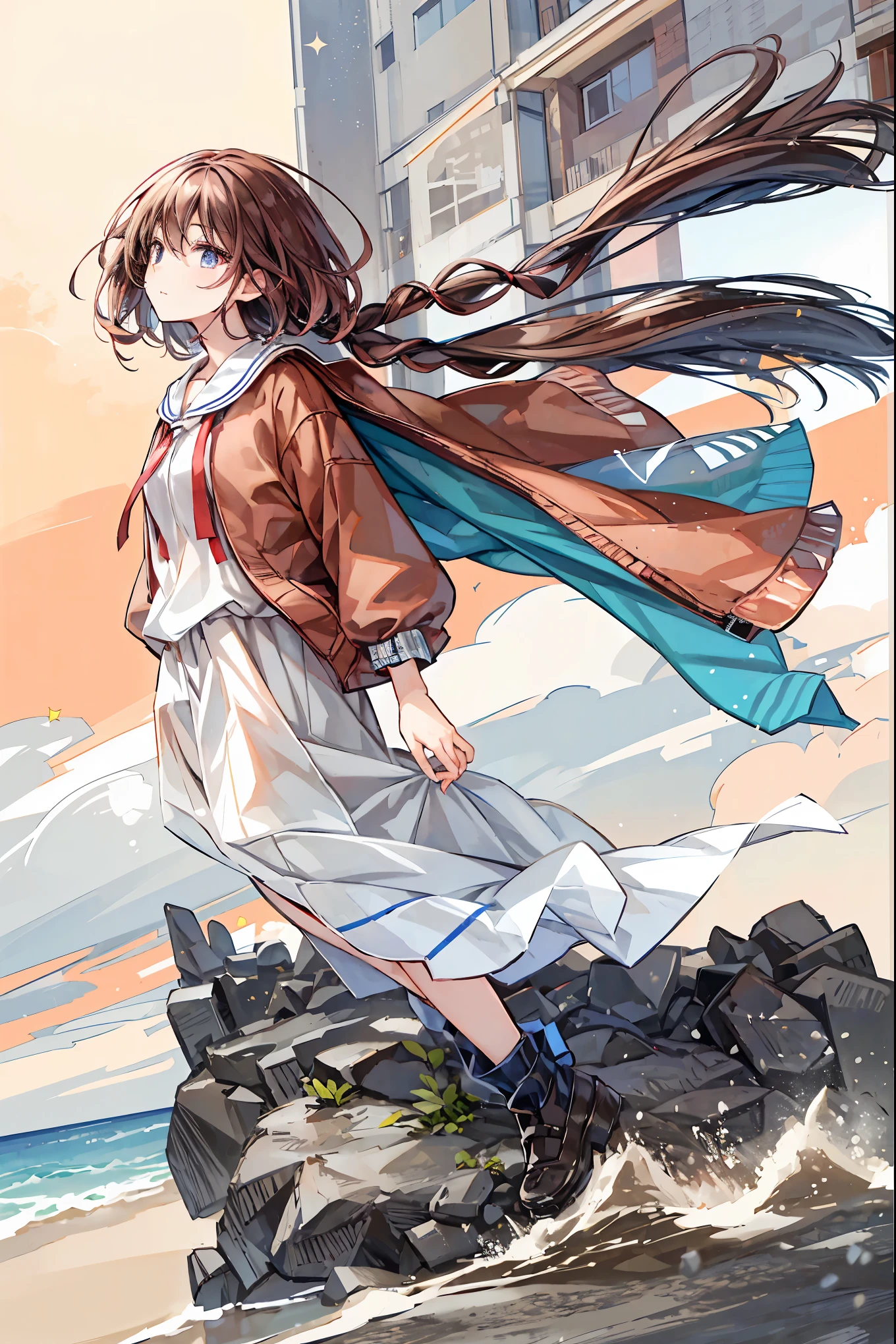 A Combi car heading south on a dirt road on a sunny day, The view on the left is of the vast ocean...、右側には生命が溢れる山There is..々There is ，(Speaking Heart),  happy ,  open your mouth,  close eyes,  brown hair， Shortcut ， Hands on Bravistier，Short braided hair，Neat， slender beautiful woman，Correct posture，Small chest， Beautiful Legs， Her enchanting gray-blue eyes shine like stars，Droopy eyes， bright color, beautiful eyes,A delicate smile,Textured Skin, Best Quality at its Best , gentle and beautiful woman , anime style､