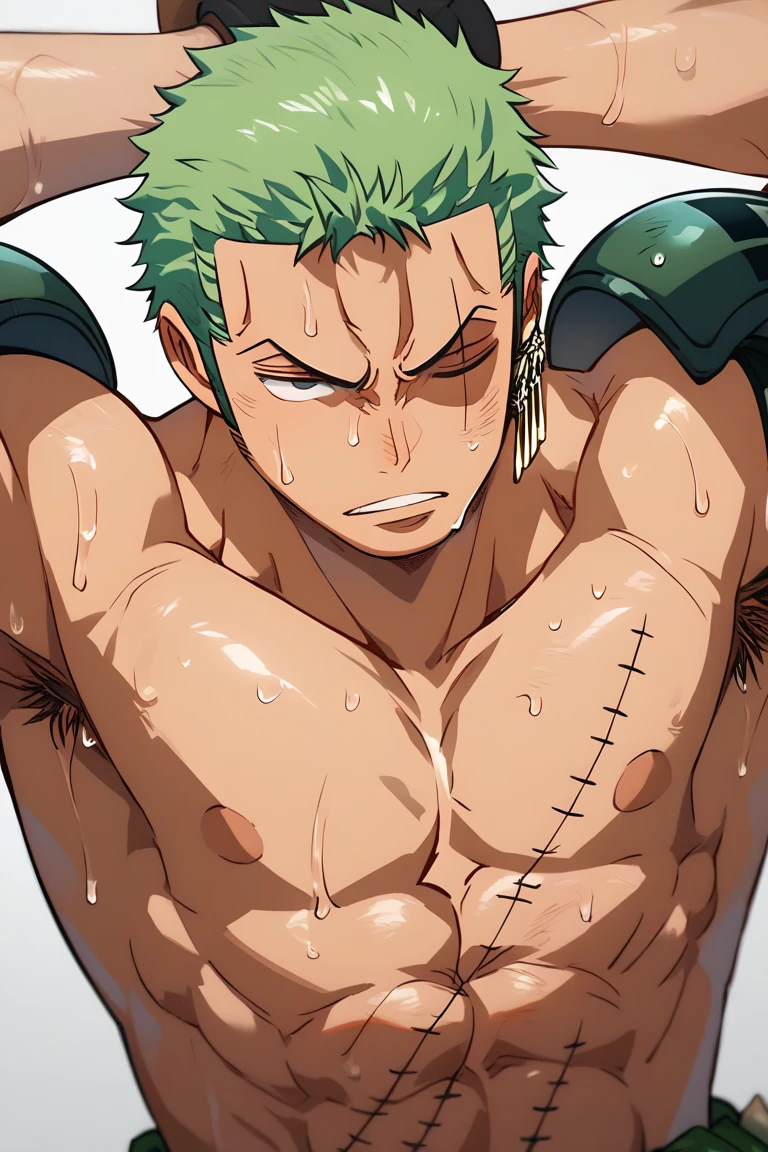 Roronoa Zoro wearing football shoulder pads, muscular, shirtless, sweaty, empty eyes, hypnotized, double bicep pose, dazed expression, armpit hair