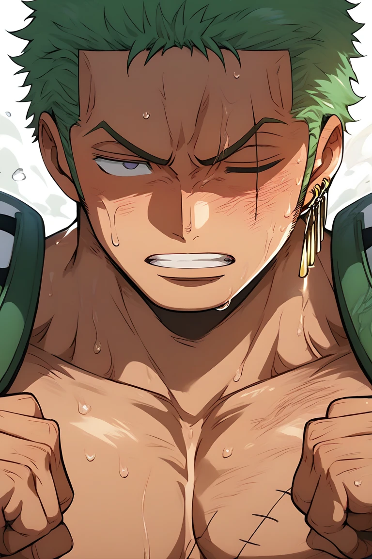 Roronoa Zoro wearing football shoulder pads, muscular, shirtless, sweaty, empty eyes, hypnotized, double bicep pose, dazed expression, armpit hair