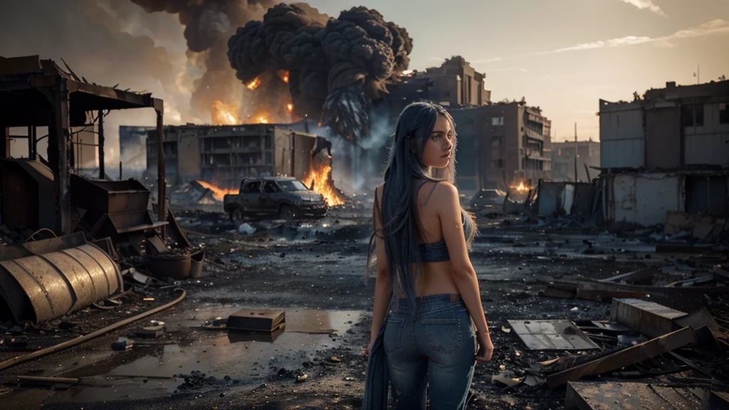 (((miak))), photograph of a sexy young woman, with a seductive breast, big breast, long messy hair, extremely beautiful and attractive, dressed in basic torn white t-shirt, torn tight jeans ((in front of a city devastated by fire)), (monsters of stones fighting in the background), (dark sky), full shot, real pose and attitude.